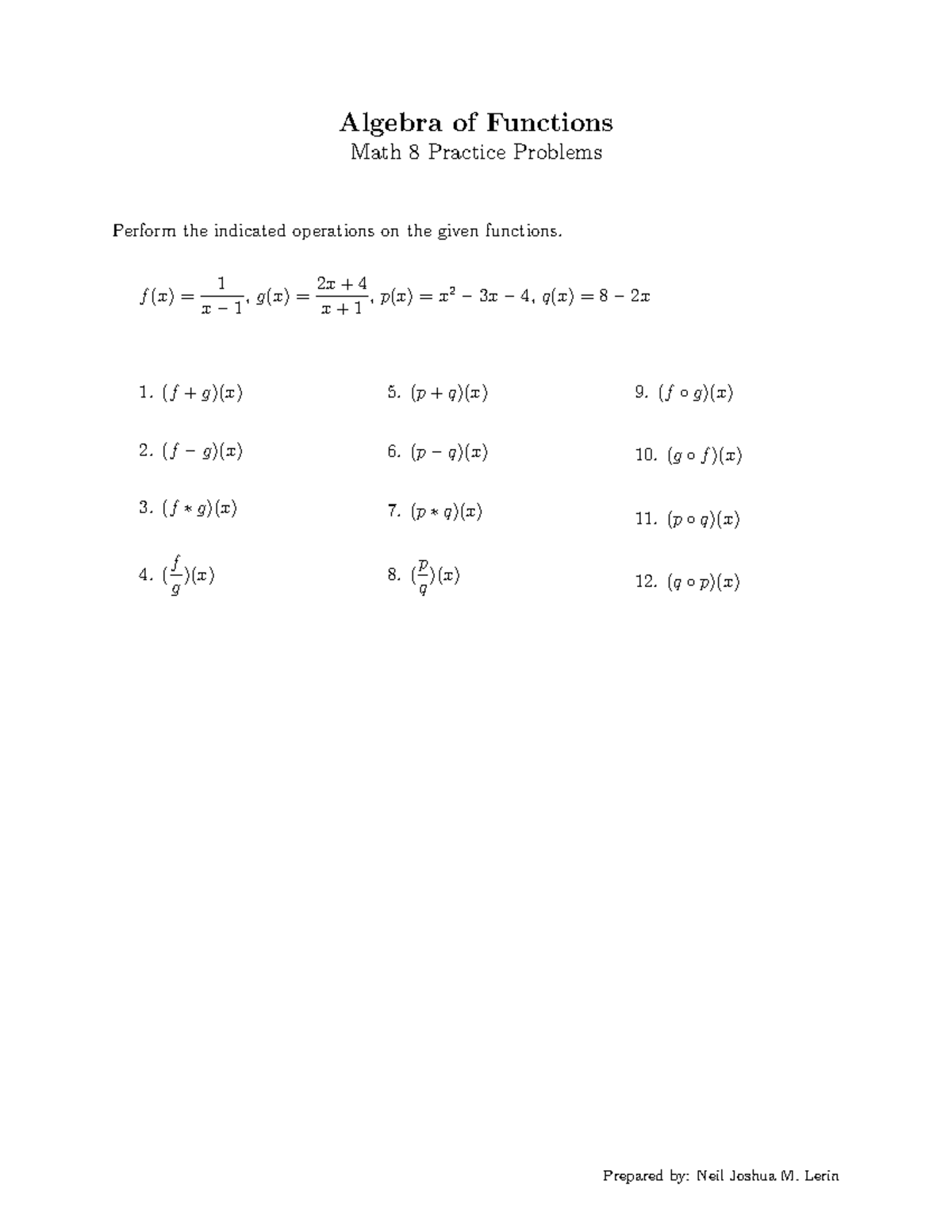 Algebra of Functions Problems - Advance Algebra - Algebra of Functions ...