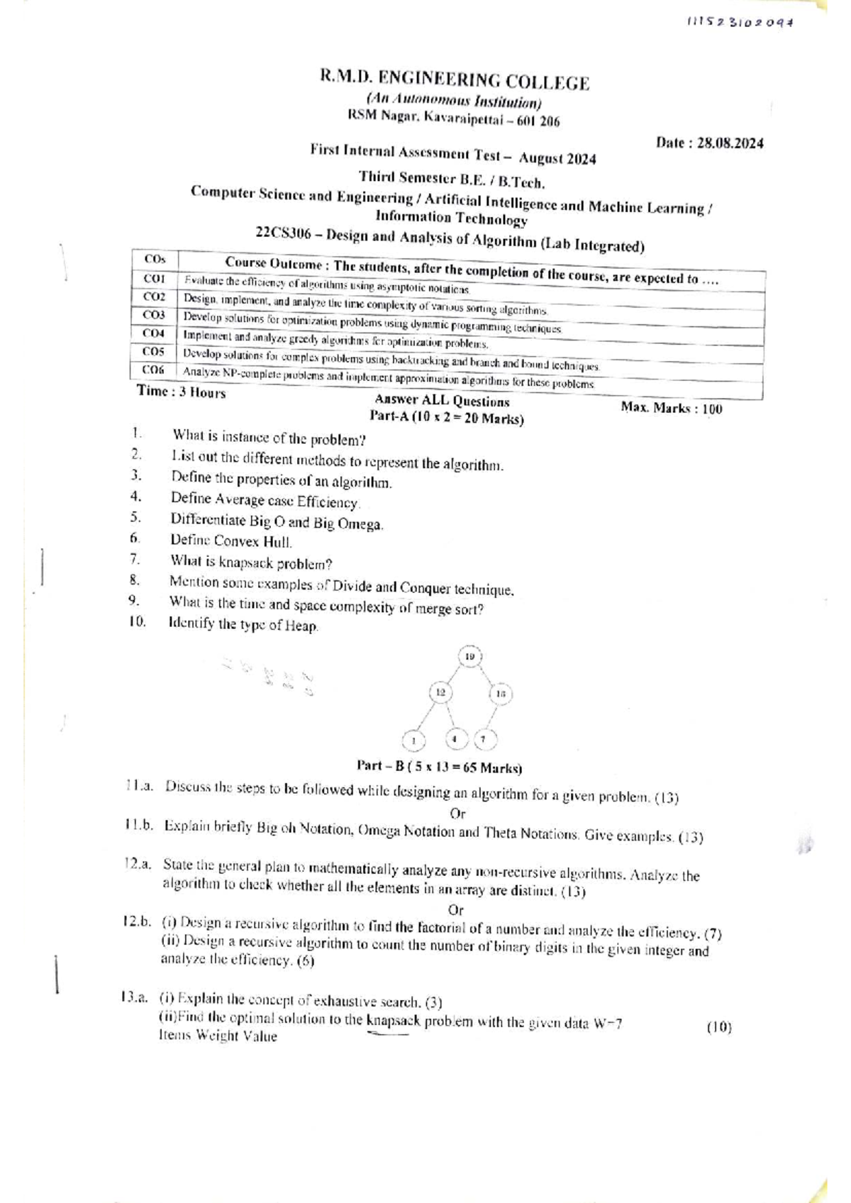 22CS306 First Internal Assessment Test - Design and Analysis of ...
