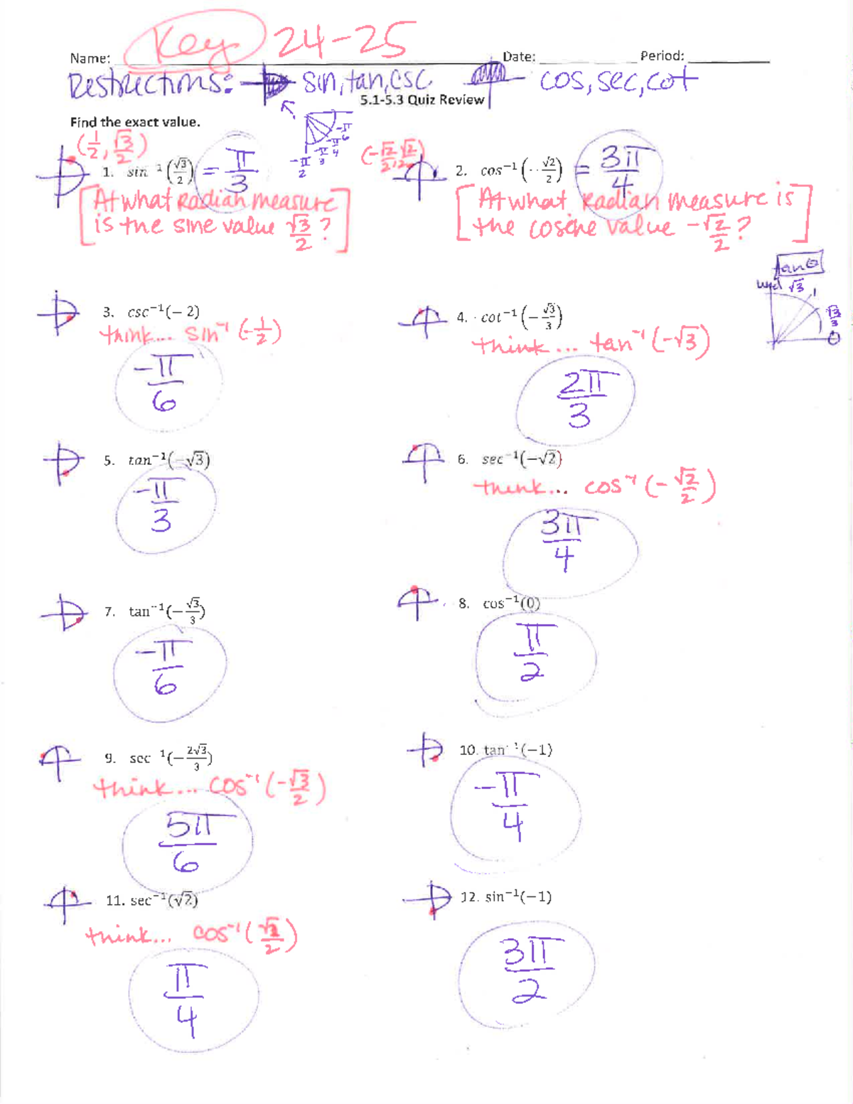 5.1-5.3 Quiz Review KEY: Trigonometric Functions and Values - Studocu