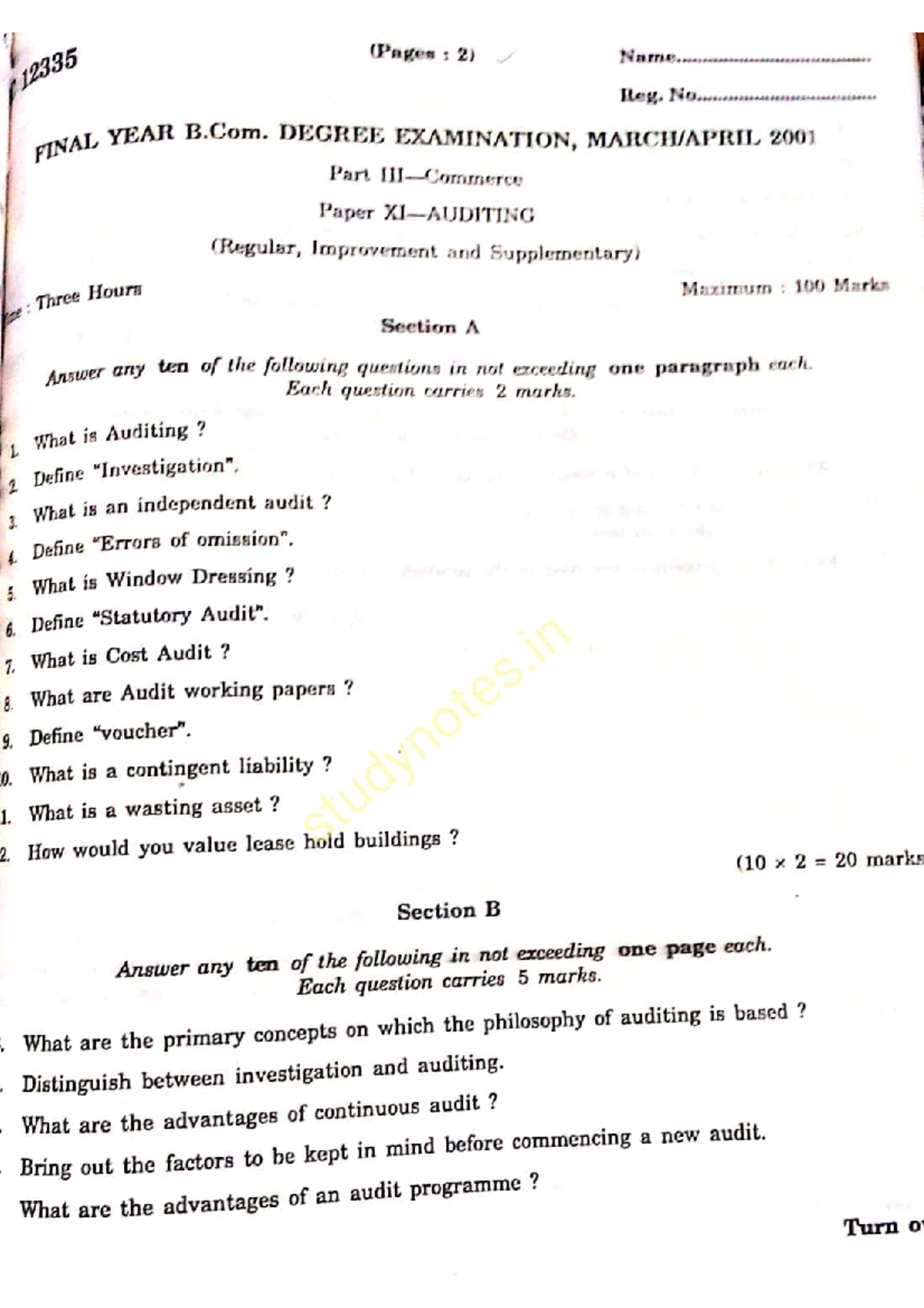 Bcom-auditing-2001 - Bachelor of commerce (bcom) - Studocu