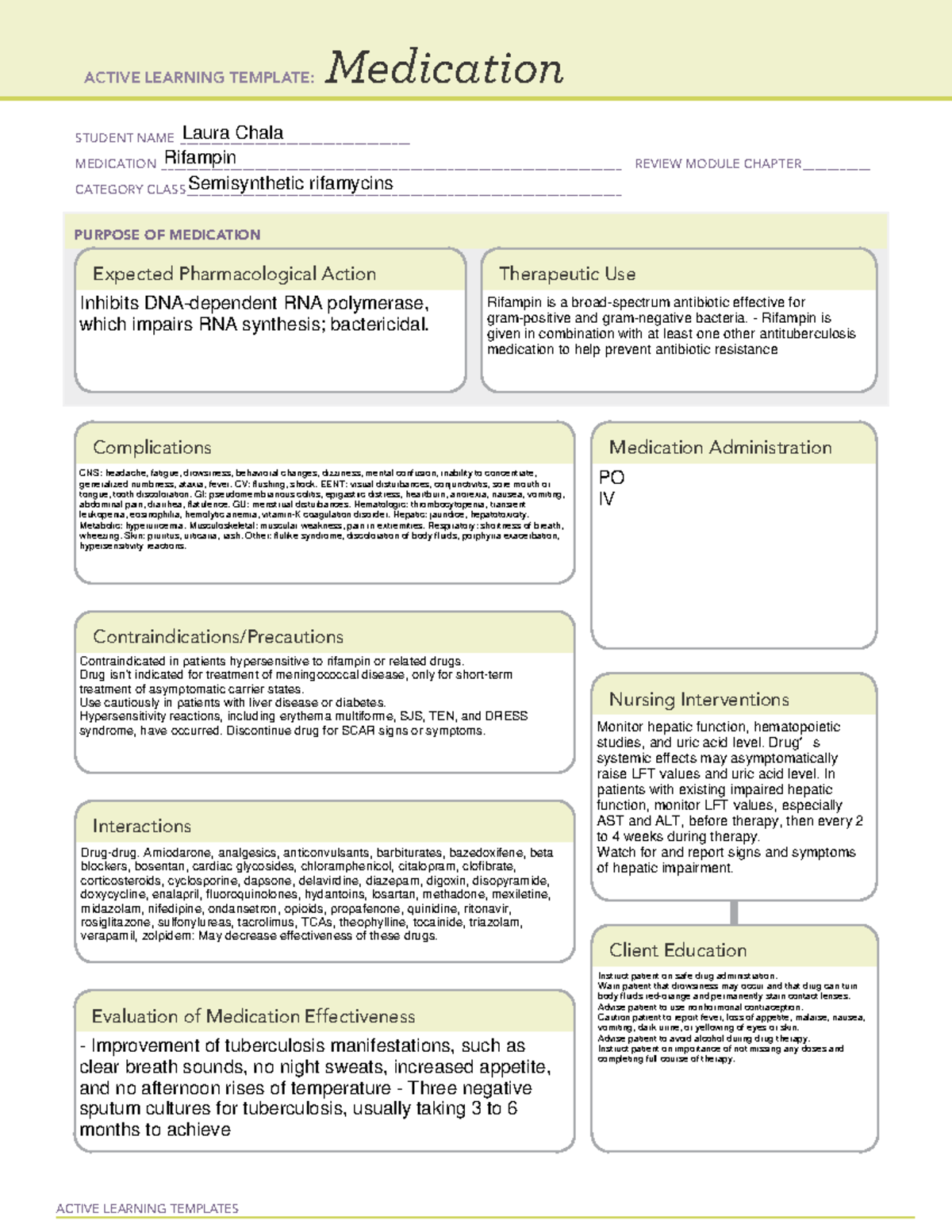 Drug Card Rifampin - ACTIVE LEARNING TEMPLATES Medication STUDENT NAME ...