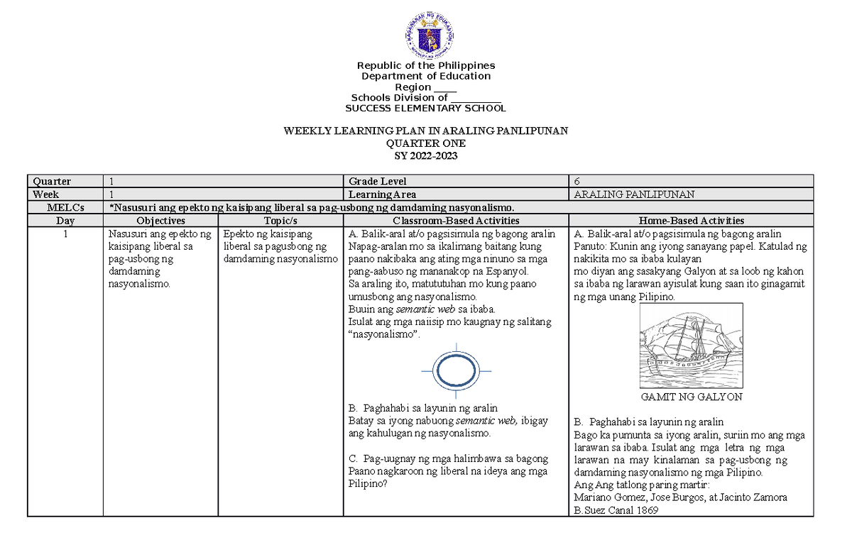 WEEK1-AP6 WLP Q1 - PLAN - Republic of the Philippines Department of ...