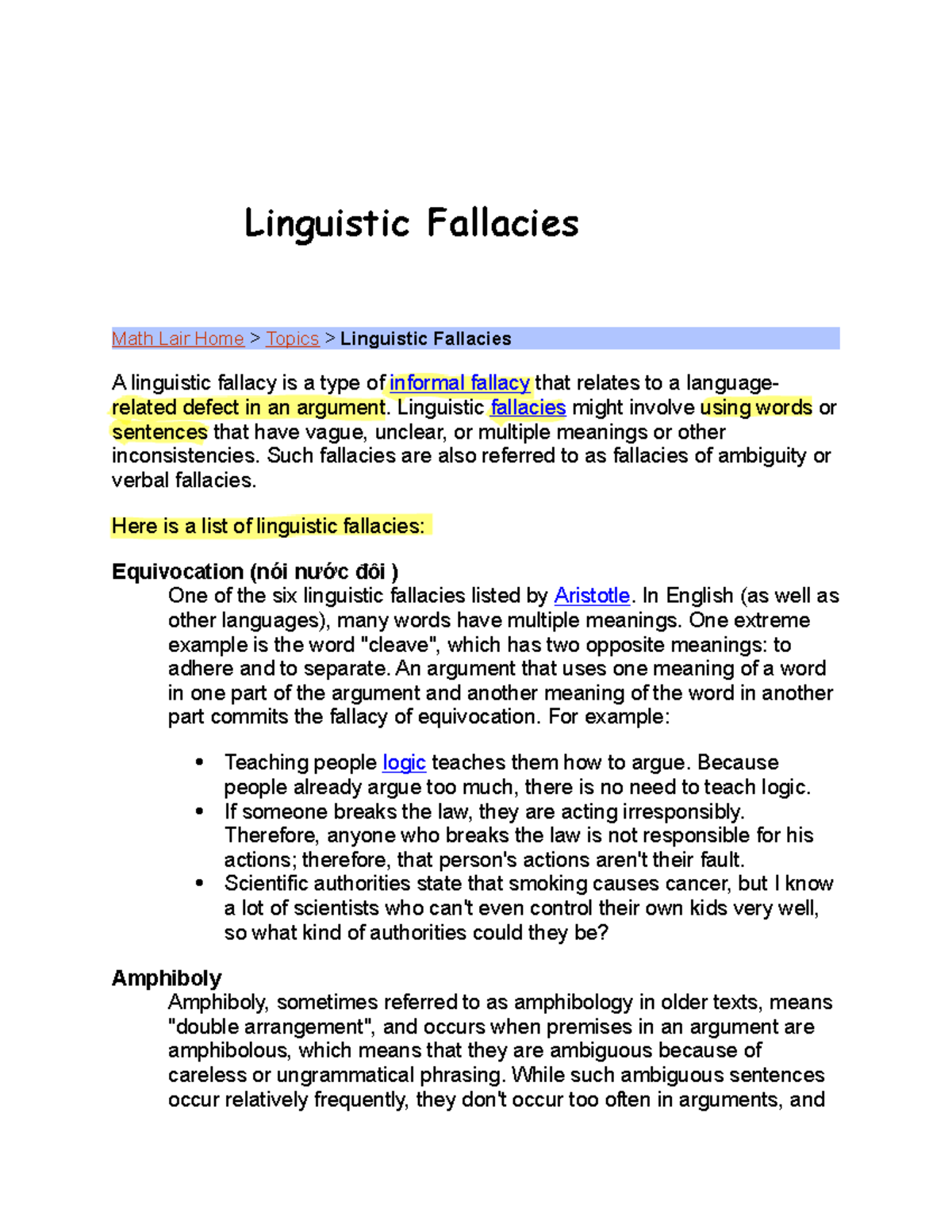 Linguistic Fallacies 1 - Linguistic fallacies might involve using words ...