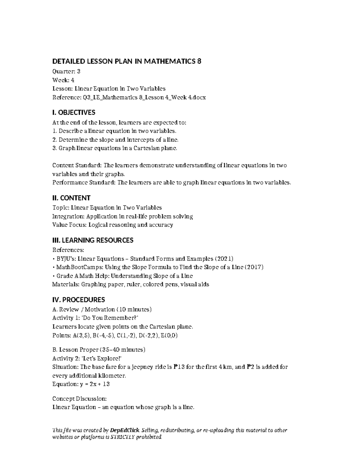 DLP Math 8 Q3: Lesson Plan on Linear Equations in Two Variables - Studocu