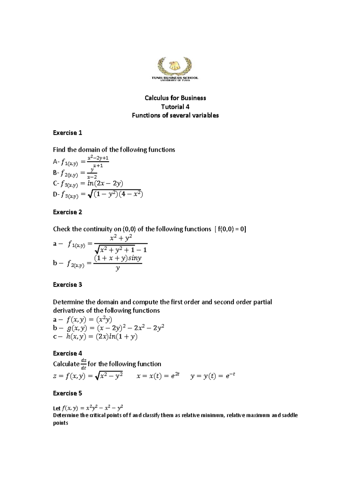 Tutorial 4 calculus - Calculus for Business Tutorial 4 Functions of ...