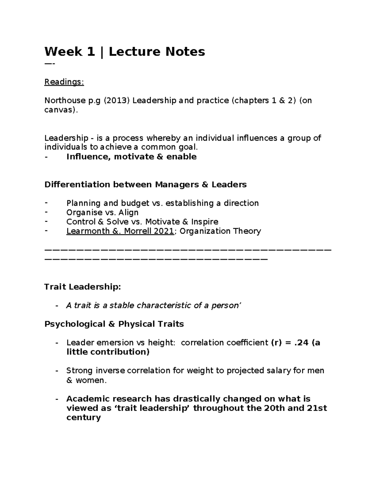 Leadership Lecture Notes: Week 1 & 2 Insights (Course Code: LEAD 101 ...
