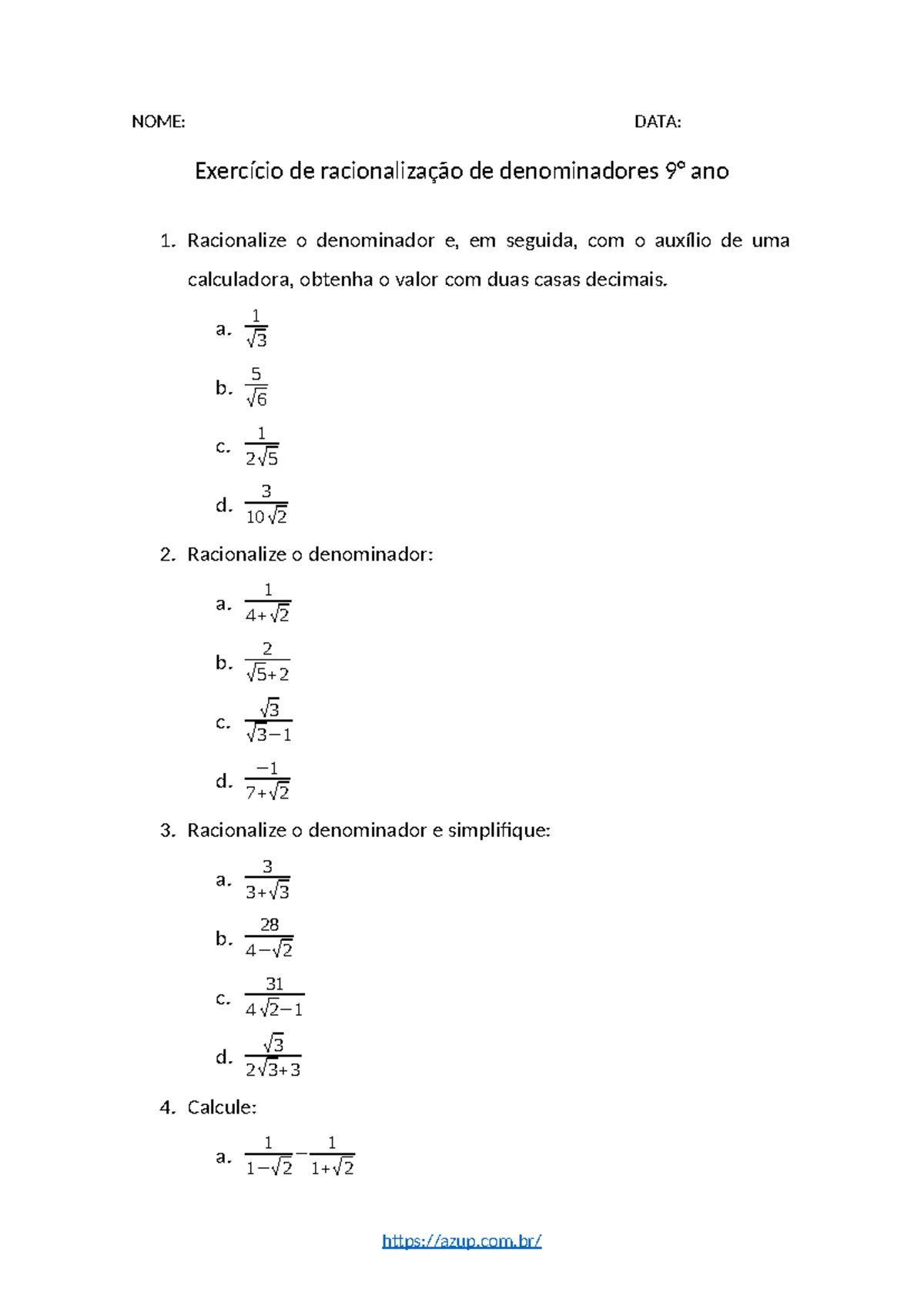 Exercícios de Racionalização de Denominadores - 9º Ano DOC - Studocu