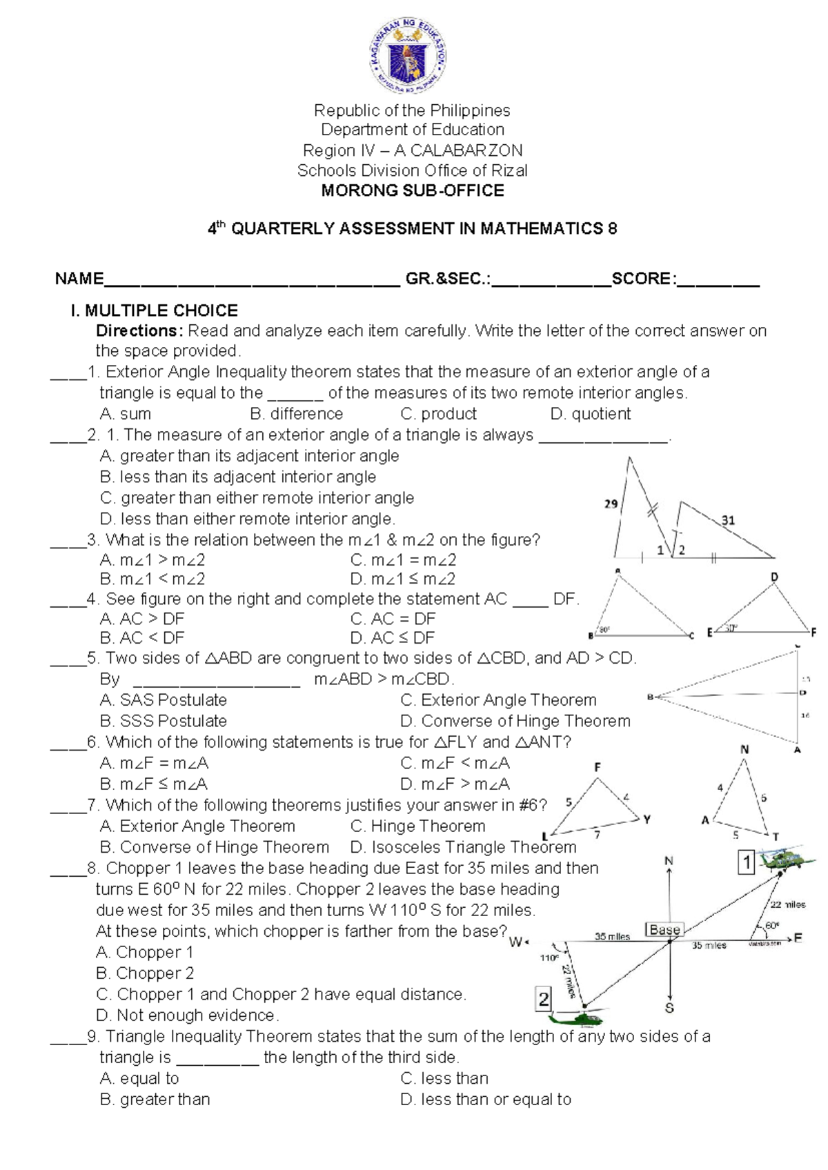 Math 8 4th Quarterly Assessment: Key Theorems & Problem Solving - Studocu