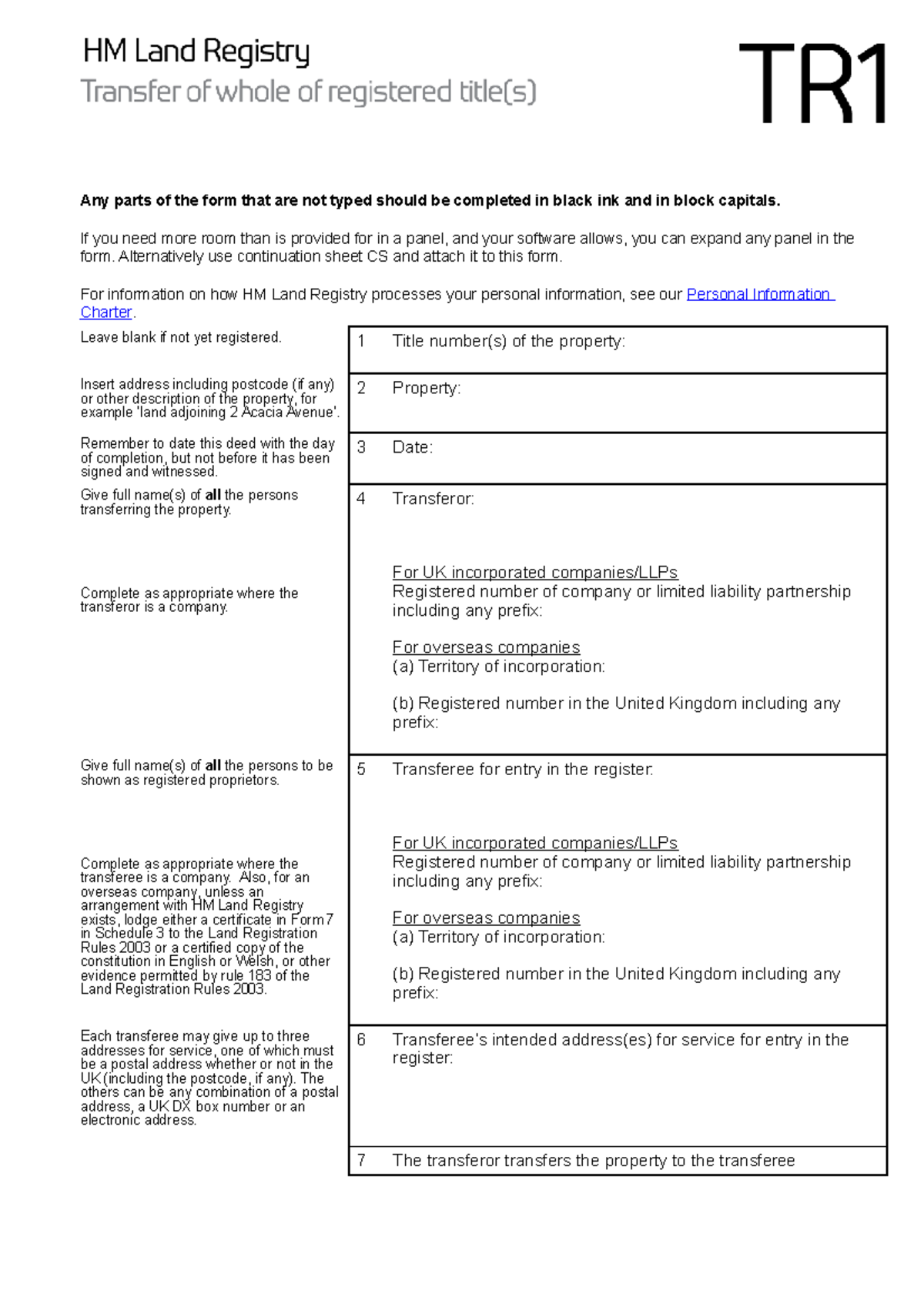 TR1 Property Transfer Form Guidelines and Instructions - Studocu