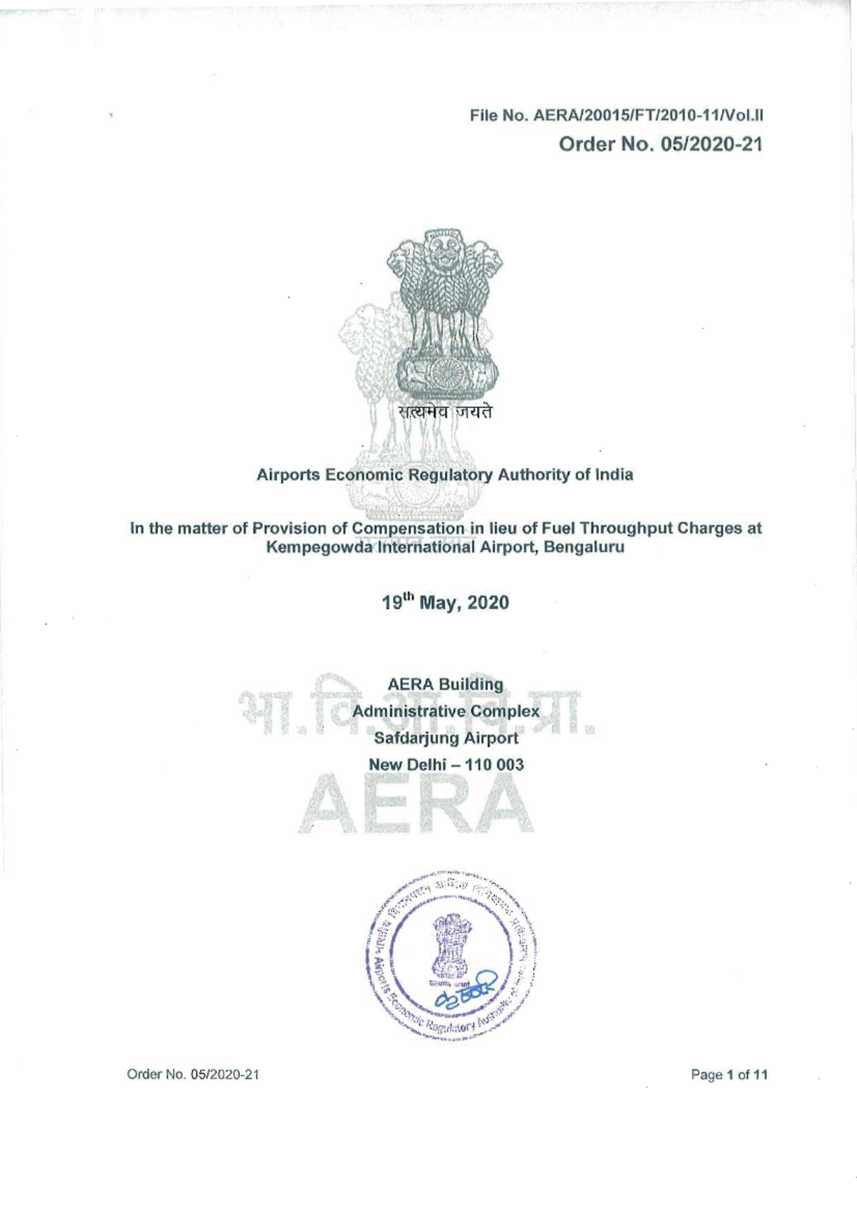 AERA Compe'nsation in lieu of Fuel, KIA Begaluru May 2020 - File No ...
