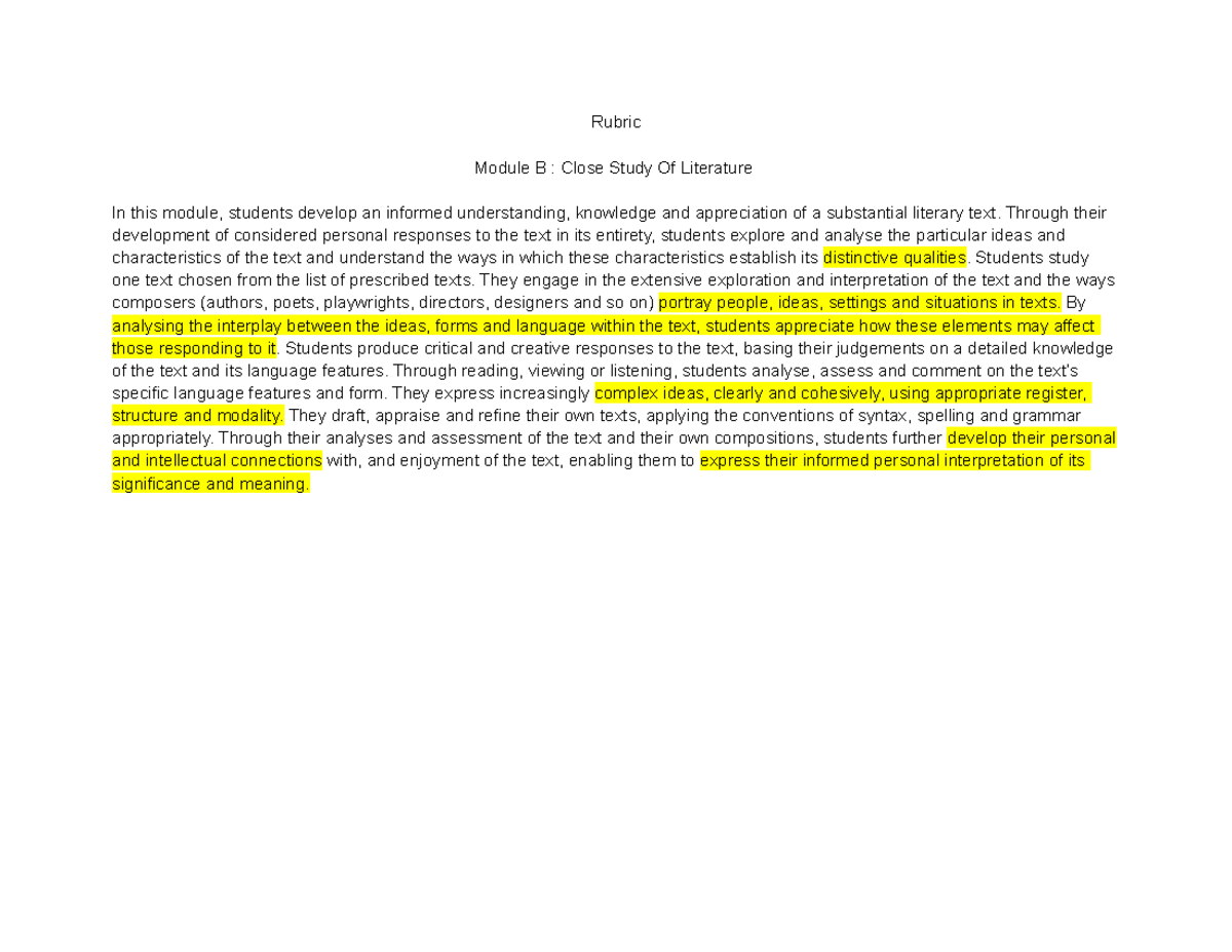 MOD B Quotes - notes - Rubric Module B : Close Study Of Literature In ...
