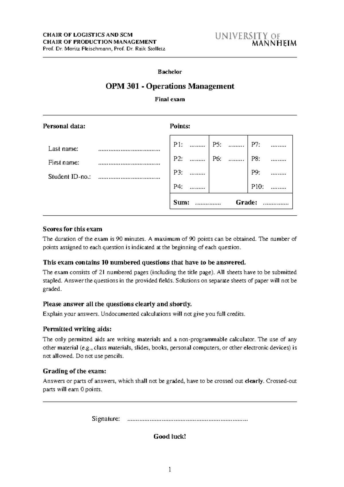 OPM 301 - Operations Management Final Exam Altklausur Overview - Studocu