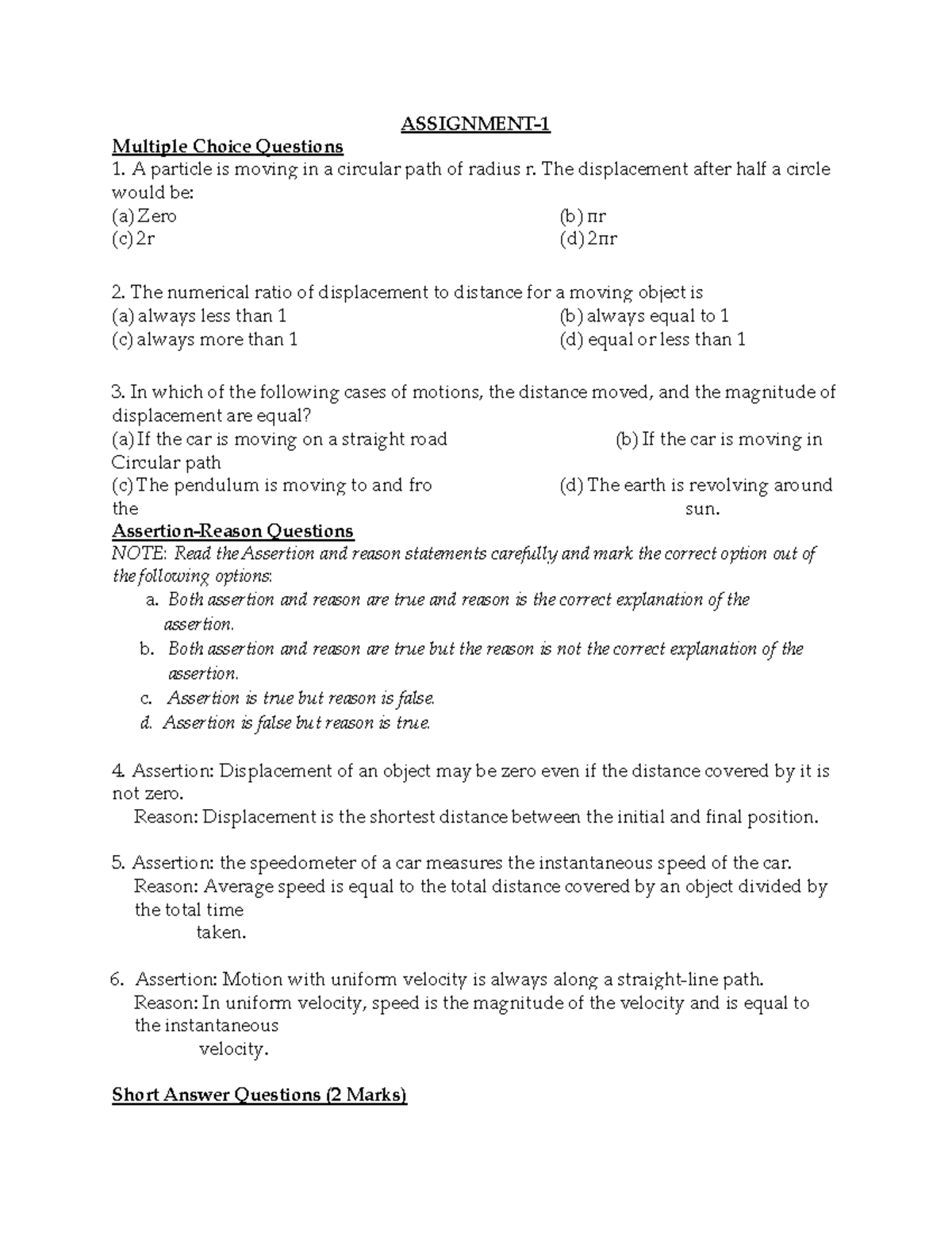 Physics Assignment 1: Multiple Choice & Short Answer Questions - Studocu
