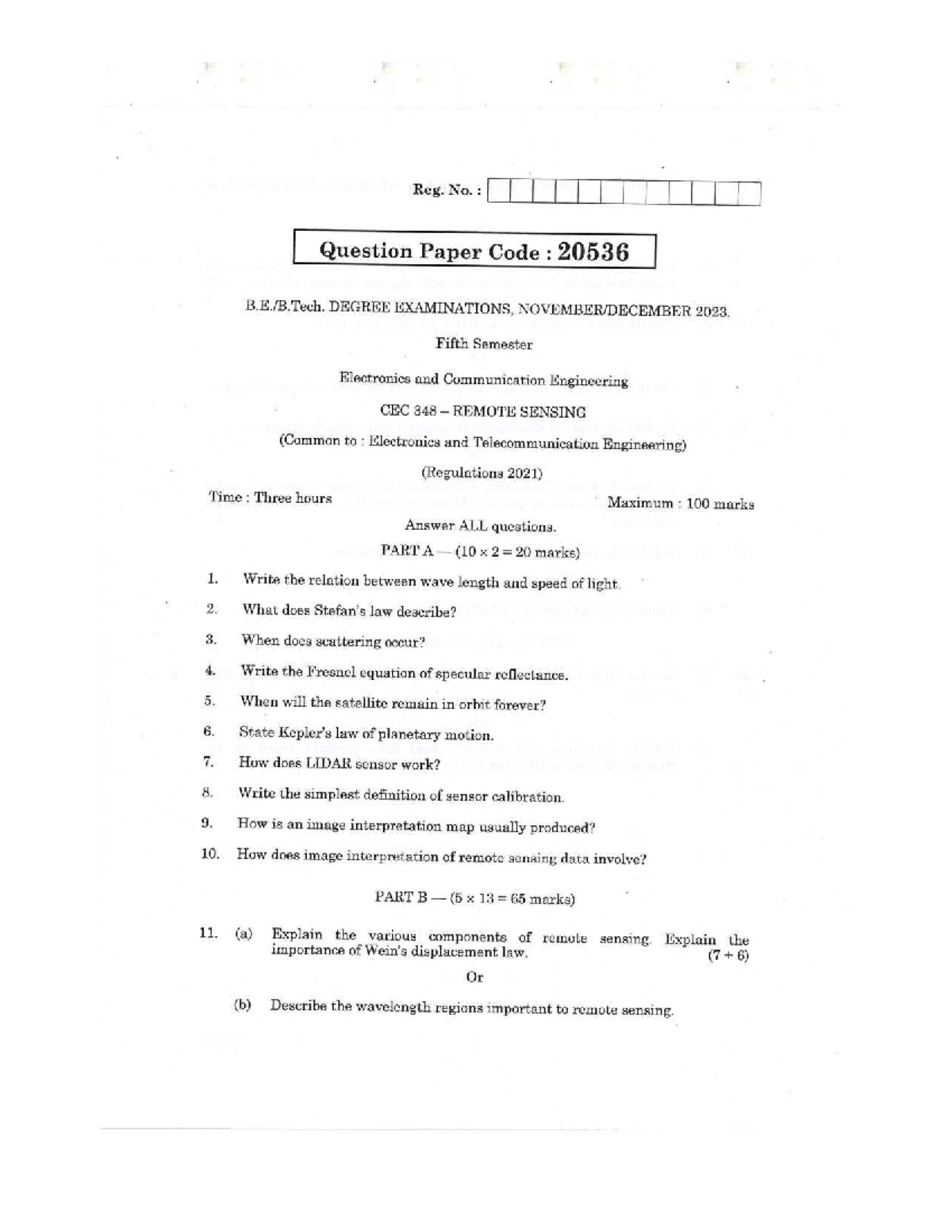 CEC 348 Remote Sensing Question Paper - Degree Exams 2023 - Studocu