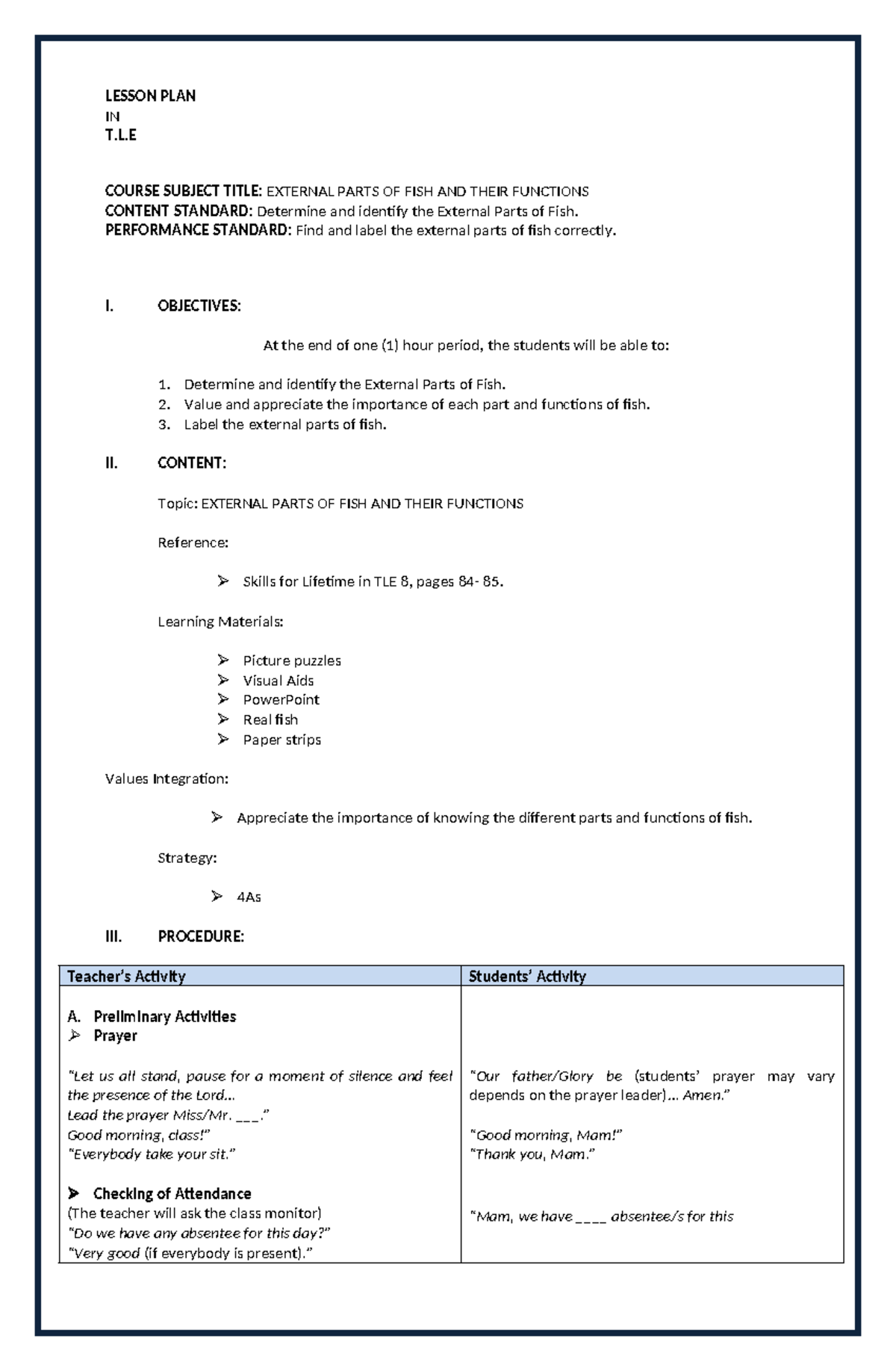 Lesson PLAN edited - LESSON PLAN IN T.L COURSE SUBJECT TITLE: EXTERNAL ...