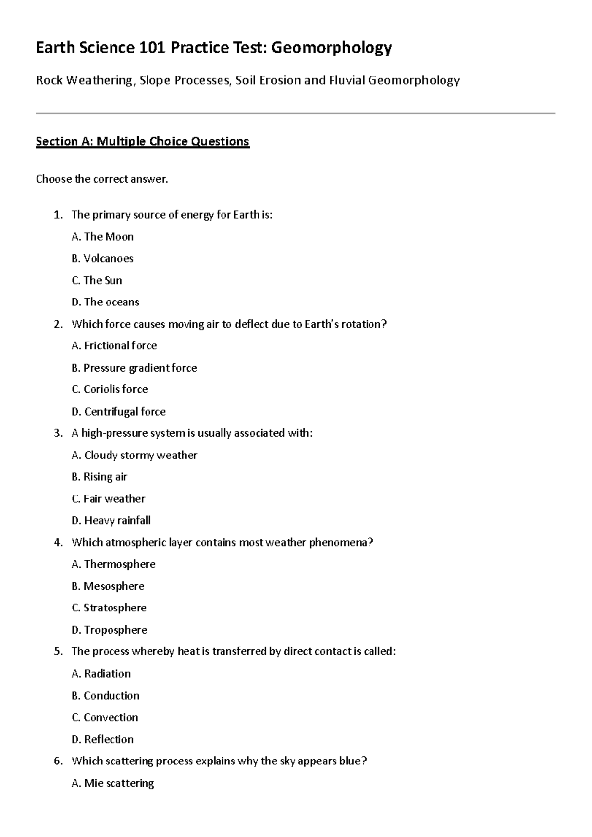 Earth Science 101 Practice Test: Geomorphology & Climatology Concepts ...