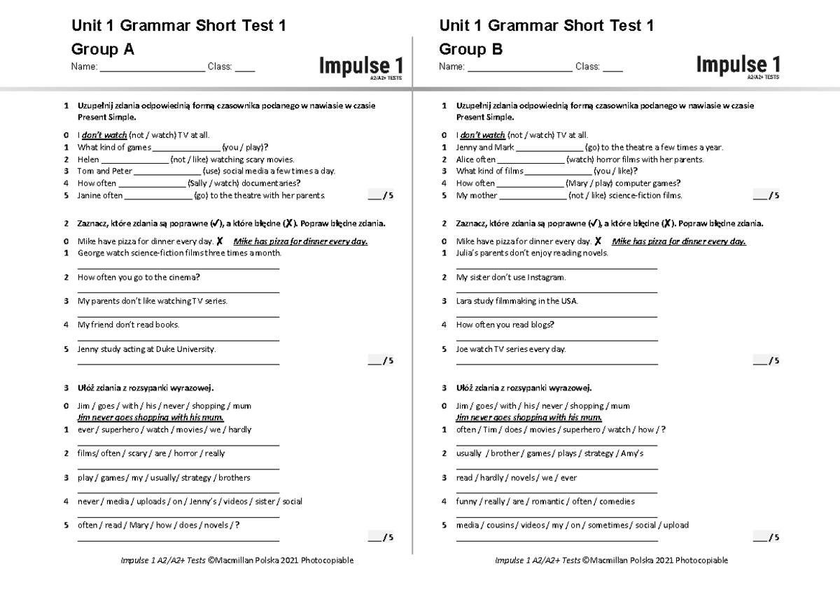 Unit 1 Test A Odpowiedzi