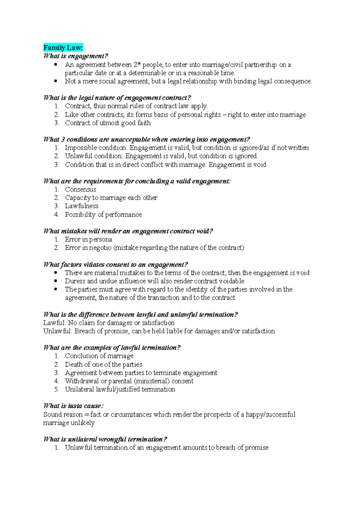 Family Law Study Questions: Engagement and Marriage Concepts - Studocu