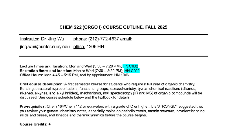 CHEM 222: Organic Chemistry I Syllabus, Fall 2025 - Studocu