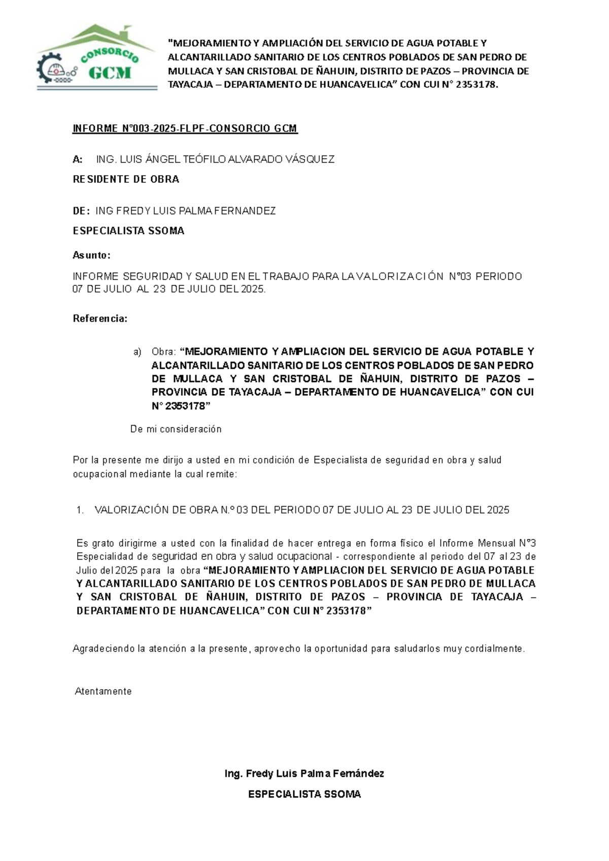Informe de Seguridad y Salud en el Trabajo - Julio 2025 - CUI 2353178 - Document Preview