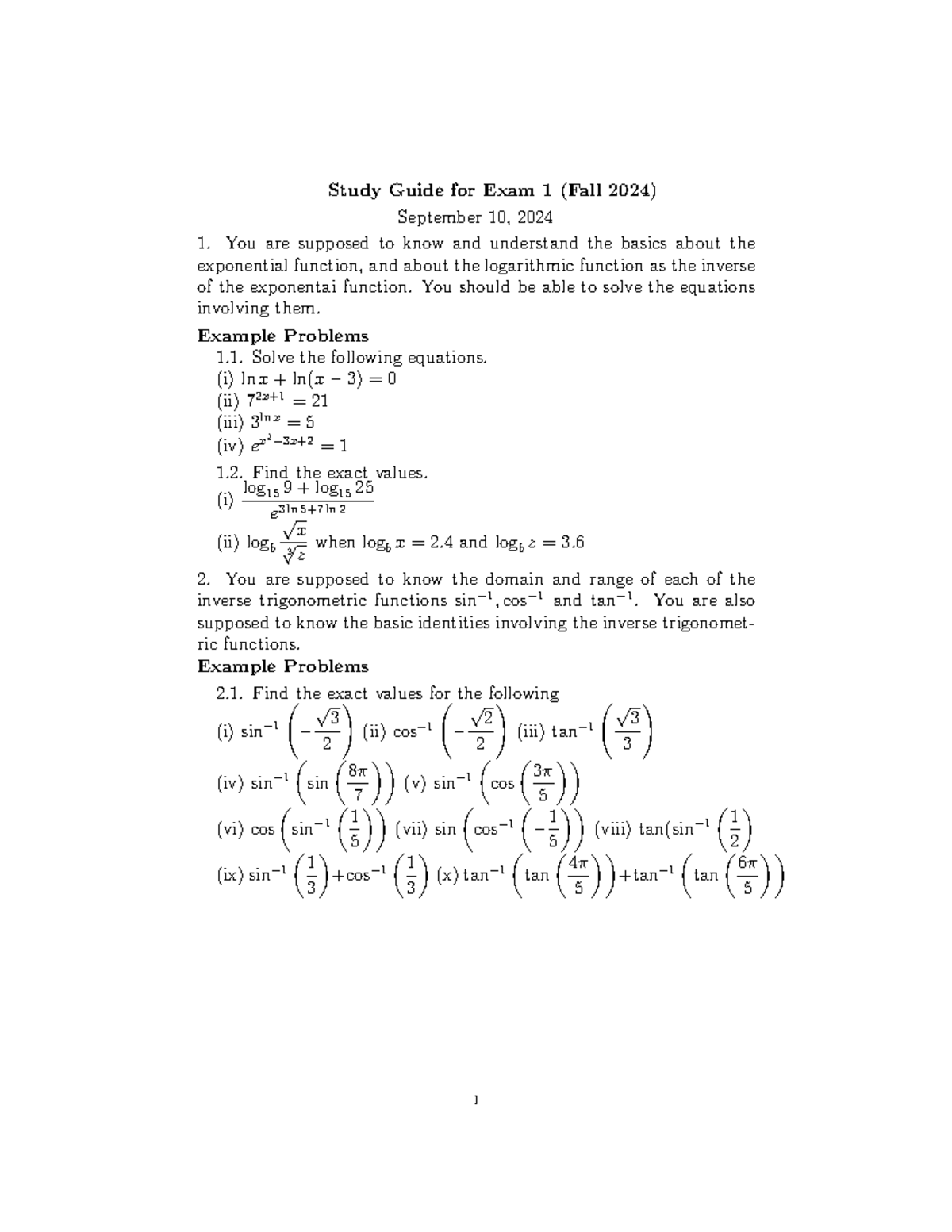 Study Guide for Exam 1 (MATH 101) - Fall 2024 - Studocu