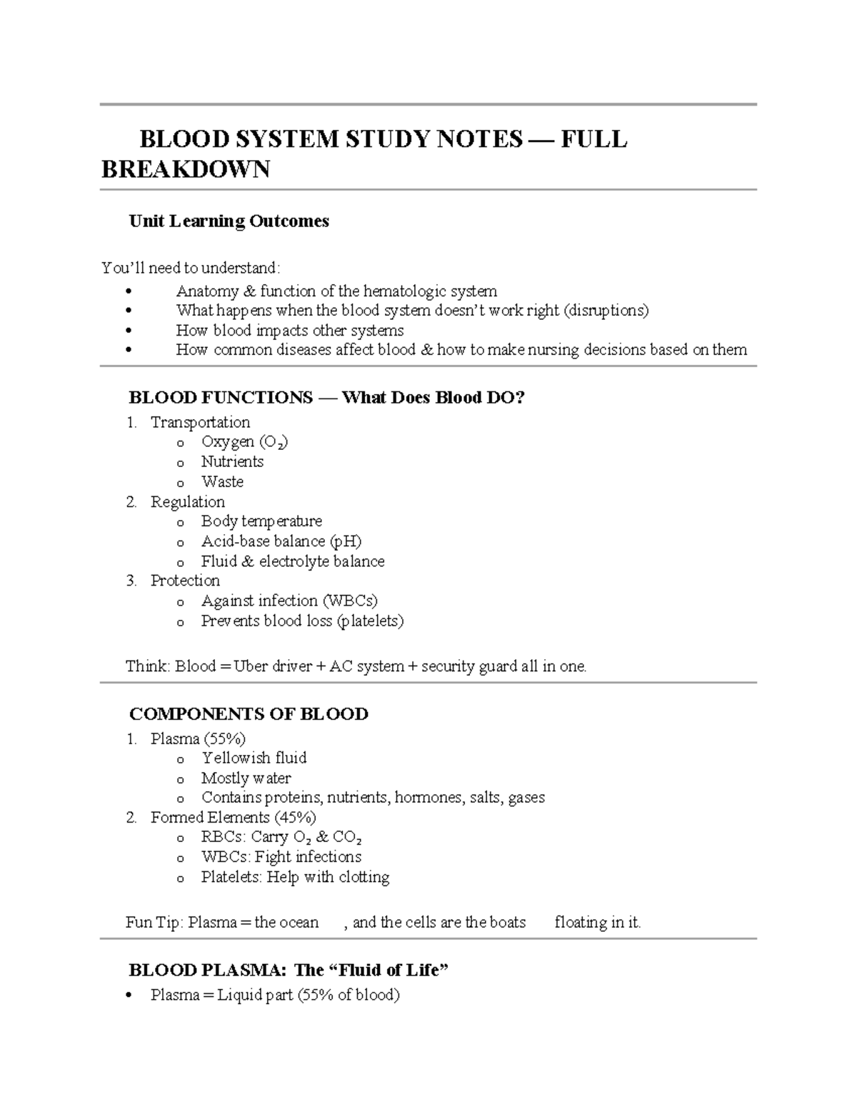 BLOOD SYSTEM STUDY NOTES: FULL BREAKDOWN & KEY CONCEPTS - Studocu