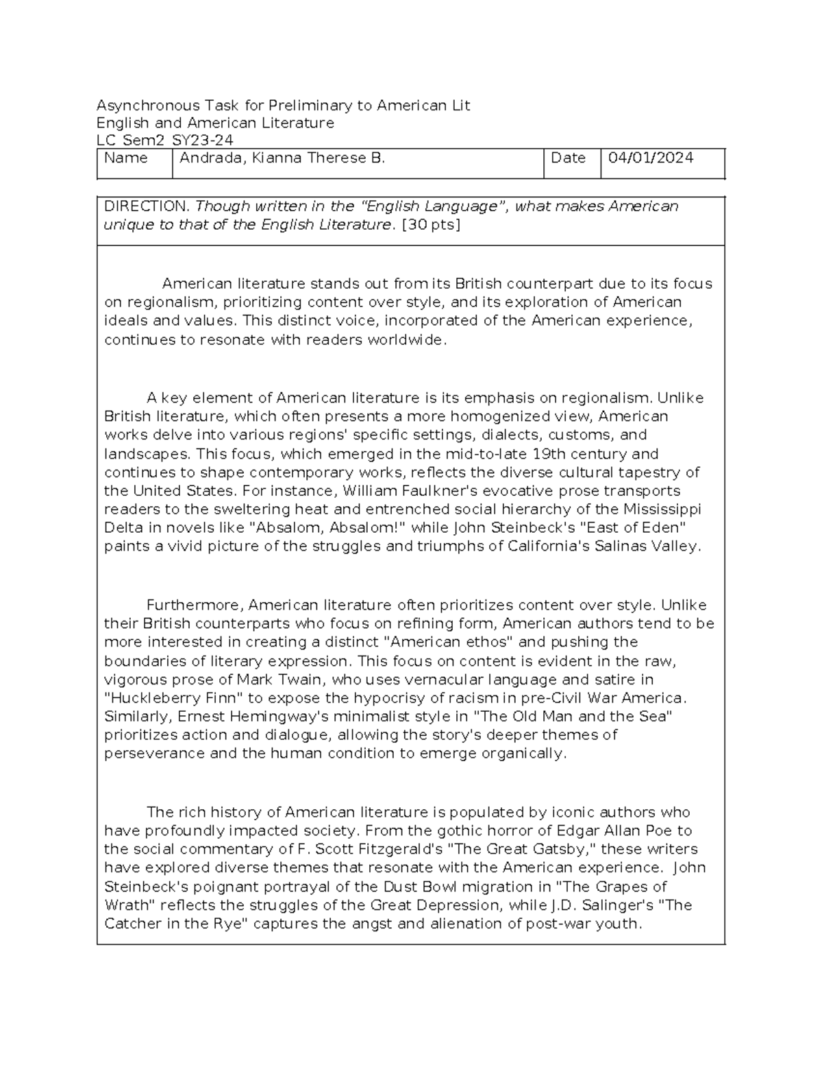 LIT 8 Asynchronous Task: Uniqueness of American Literature - Studocu