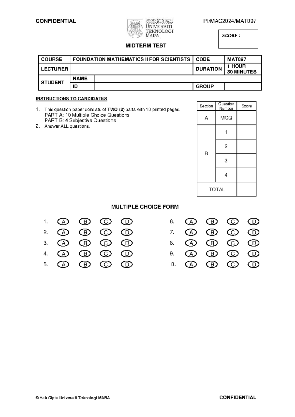 MAT097 Midterm Test: Foundation Mathematics II for Scientists - Studocu
