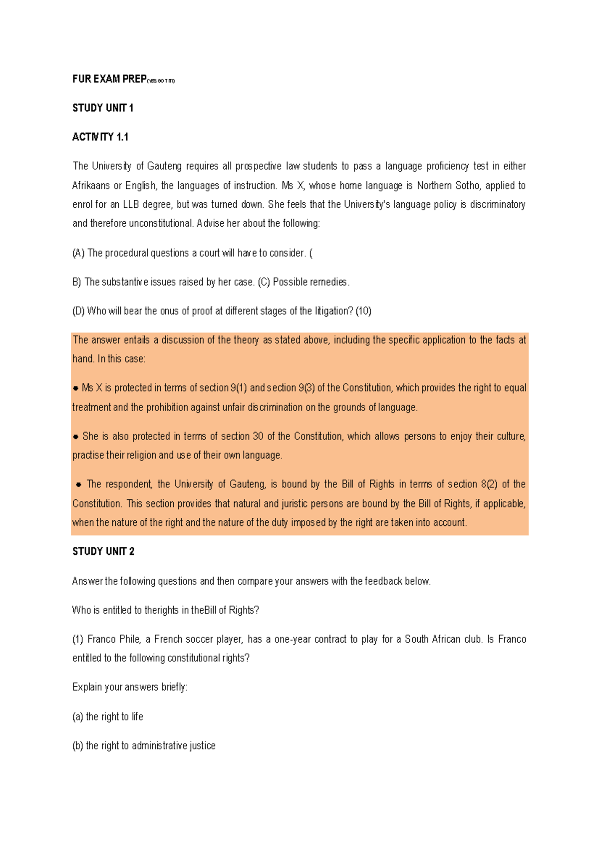 FUR 101 FINAL EXAM PREPARATION: BILL OF RIGHTS ANALYSIS - Studocu