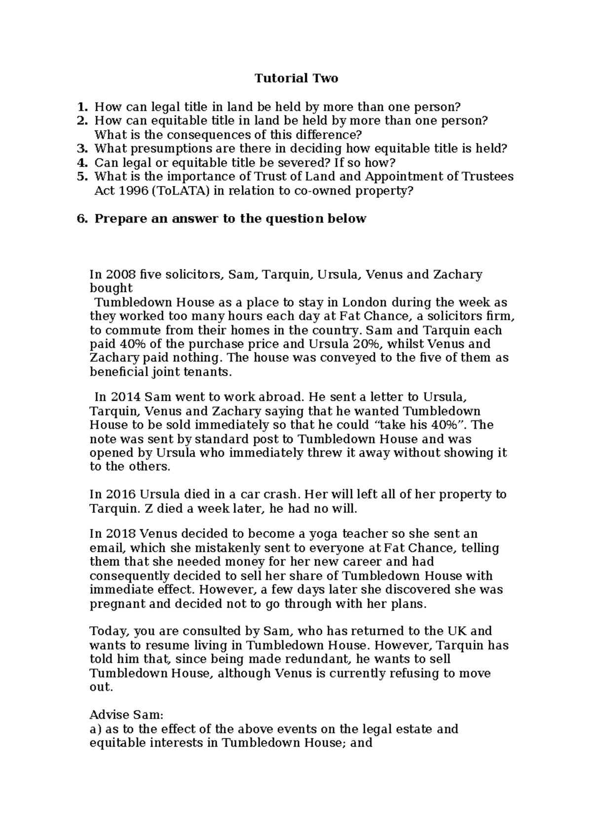 Tutorial 2: Co-Ownership of Land and Legal/Equitable Titles - Studocu