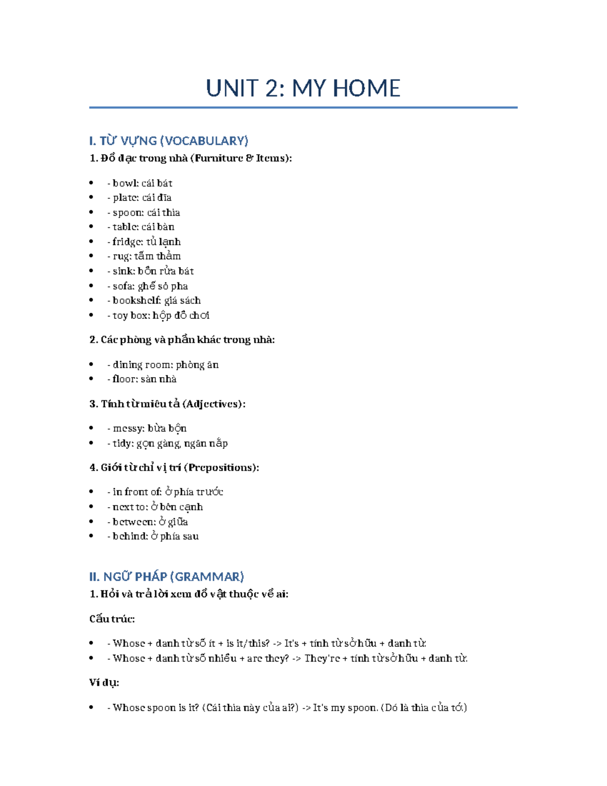 Unit 2: My Home Vocabulary & Grammar Notes - Studocu