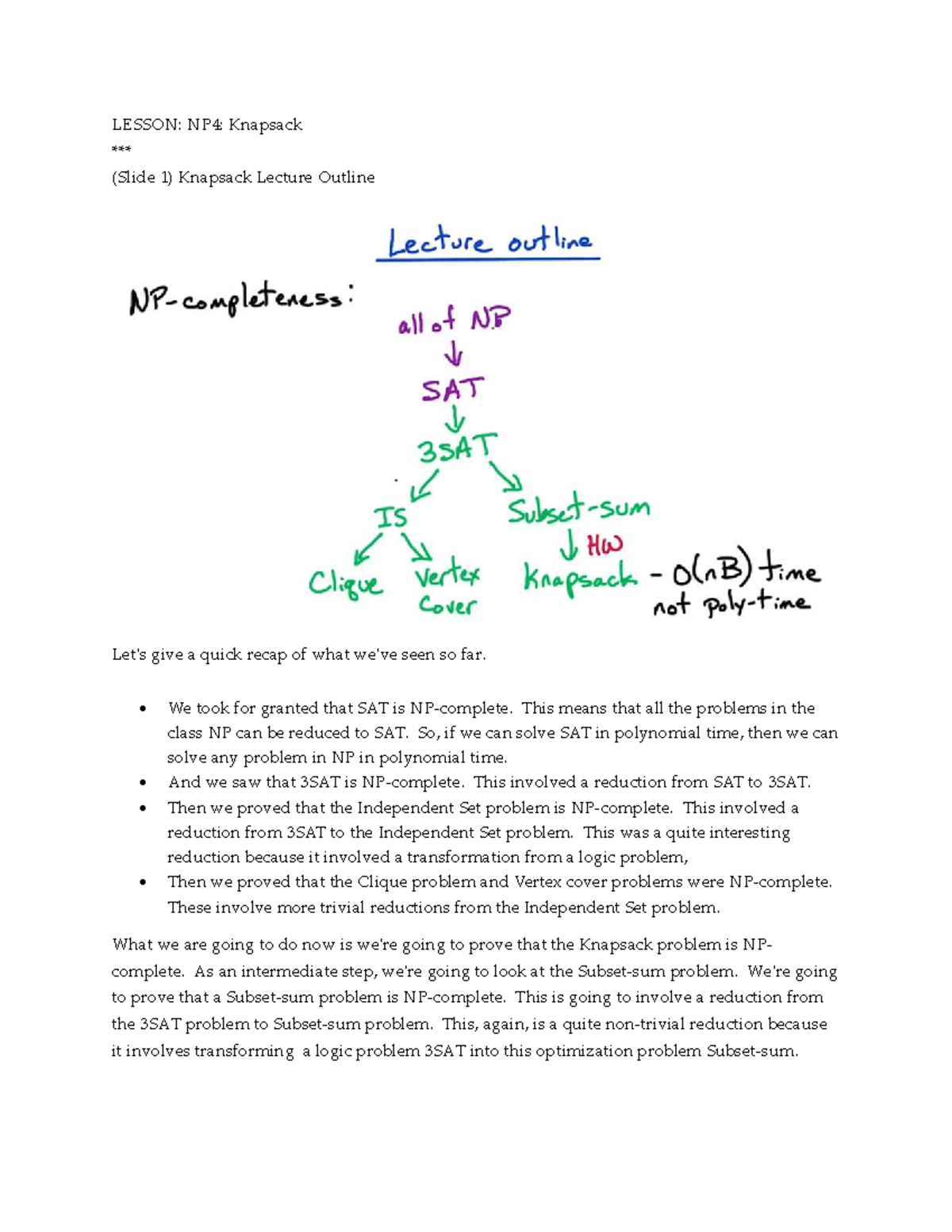 LESSON: NP4: Knapsack Problem Overview and Reductions - Studocu