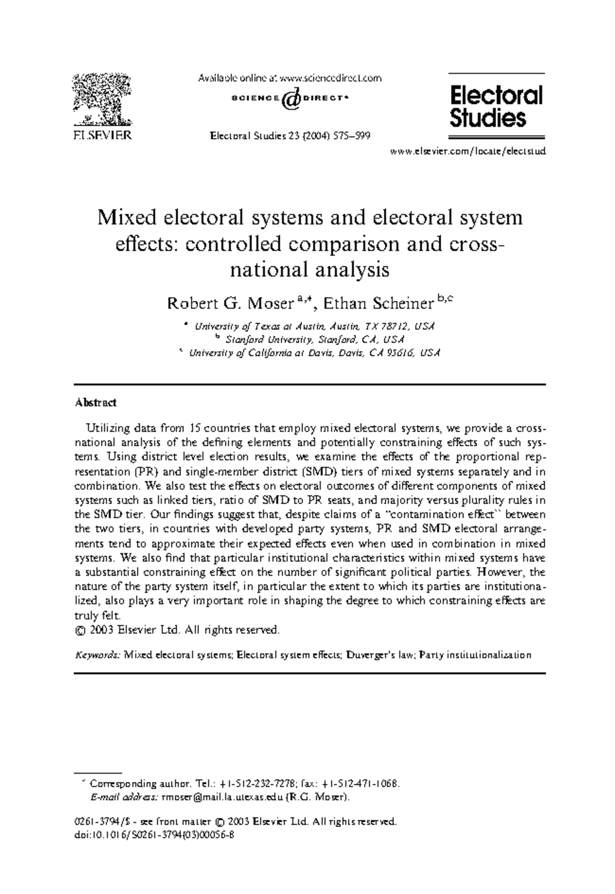Mixed Electoral Systems: Analysis of Effects and Constraints (Moser ...