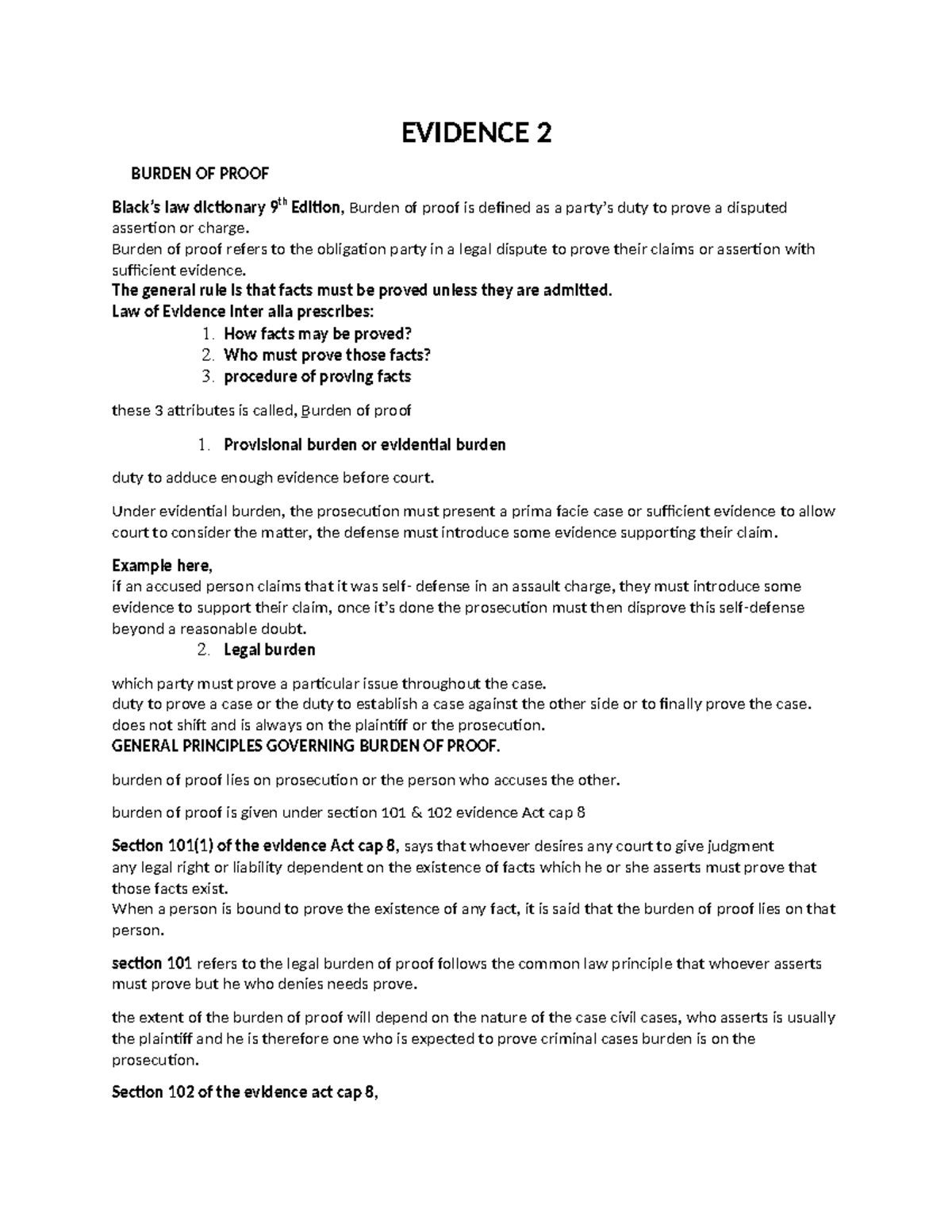 EVIDENCE 2: Burden of Proof in Law - 9th Edition Summary Notes - Studocu