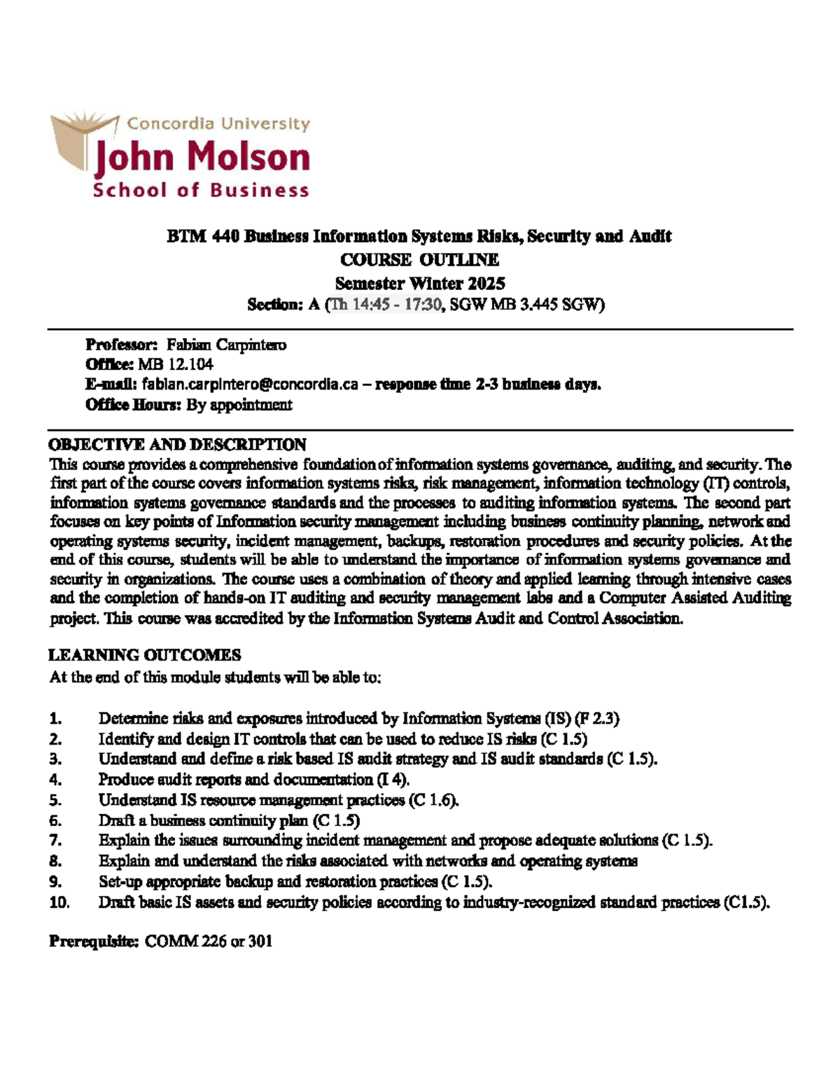 BTM 440 Course Outline: Business Information Systems Risks & Security ...