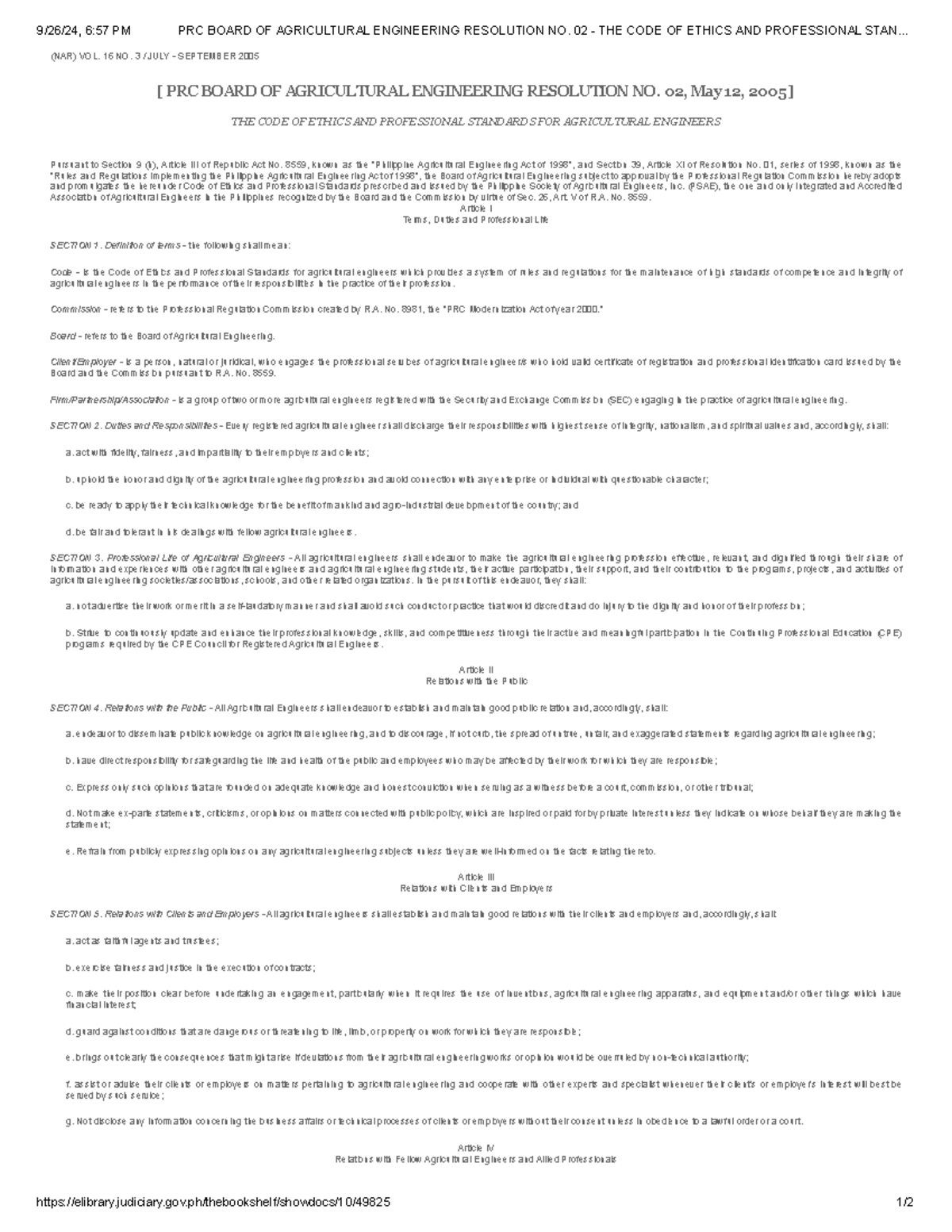 PRC AE Board Resolution No. 02 s 2005: Code of Ethics for Engineers ...