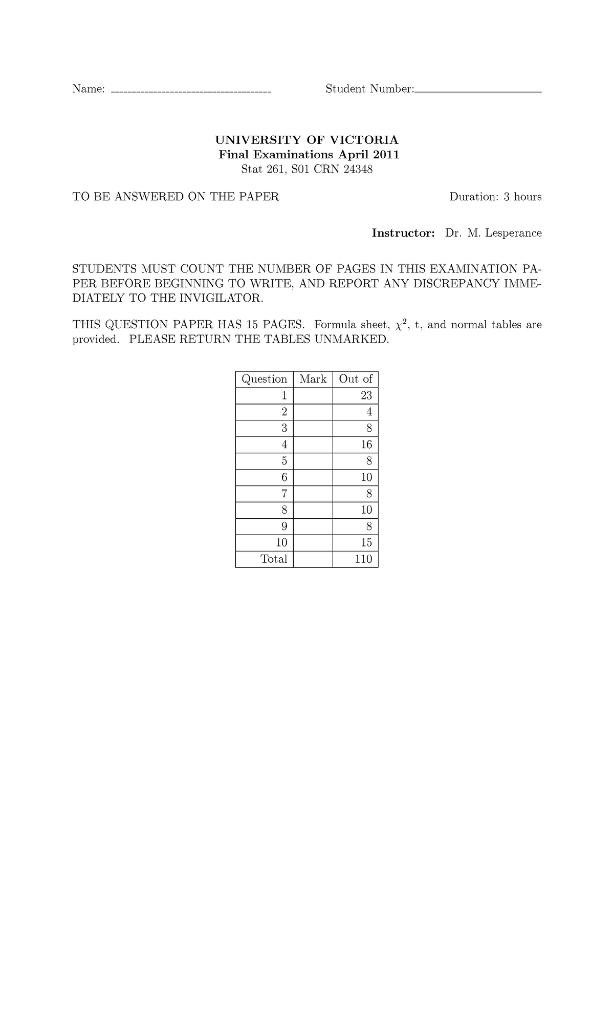 Stat 261 S01 Final Exam Sample April 2011 - Studocu