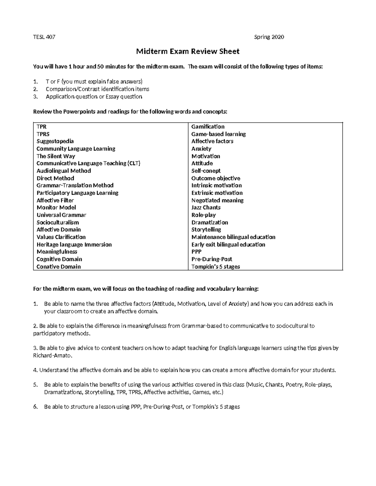 1 - 407 midterm review Spring 2020 - TESL 407 Spring 2020 Midterm Exam ...