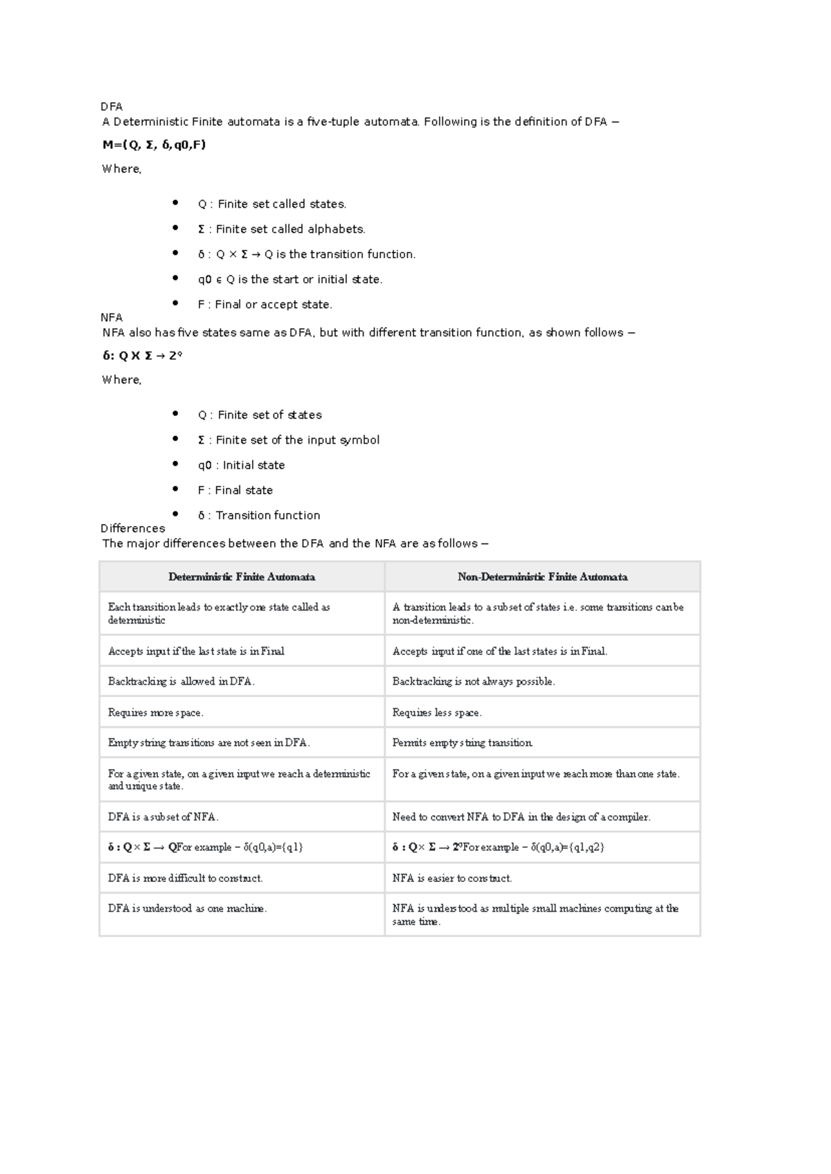 DFA - dfa notes - DFA A Deterministic Finite automata is a five-tuple ...