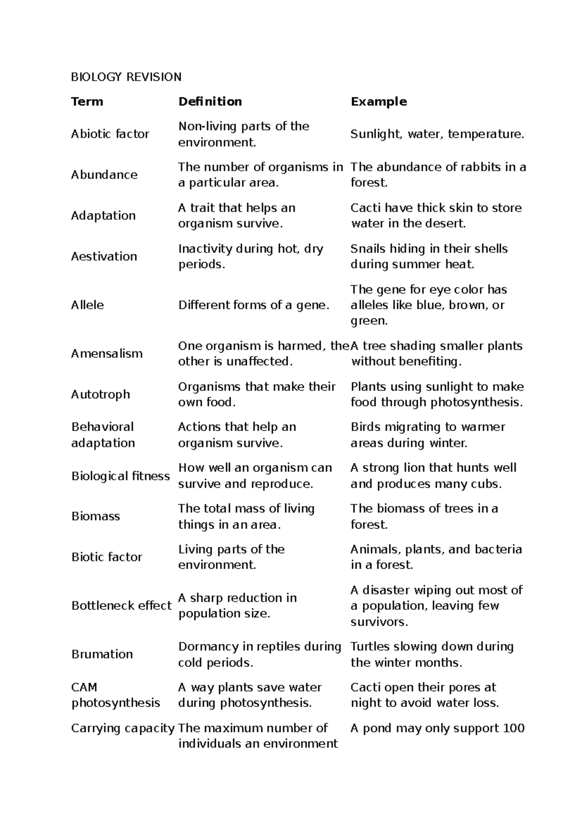 BIO 101: Key Terms and Definitions for Biology Revision - Studocu