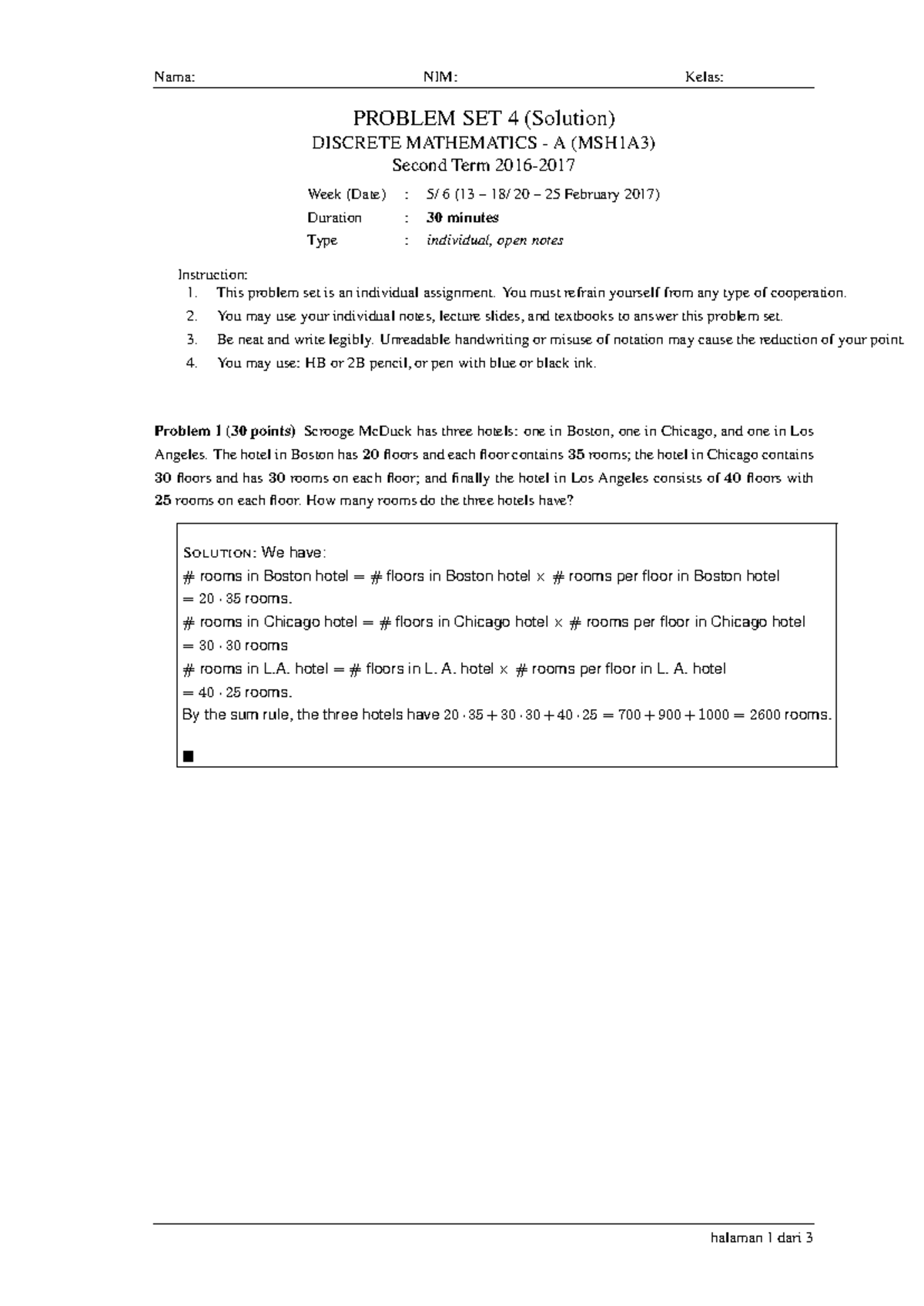 Problem Set Solutions for Discrete Mathematics A (MSH1A3) Week 4 - Studocu