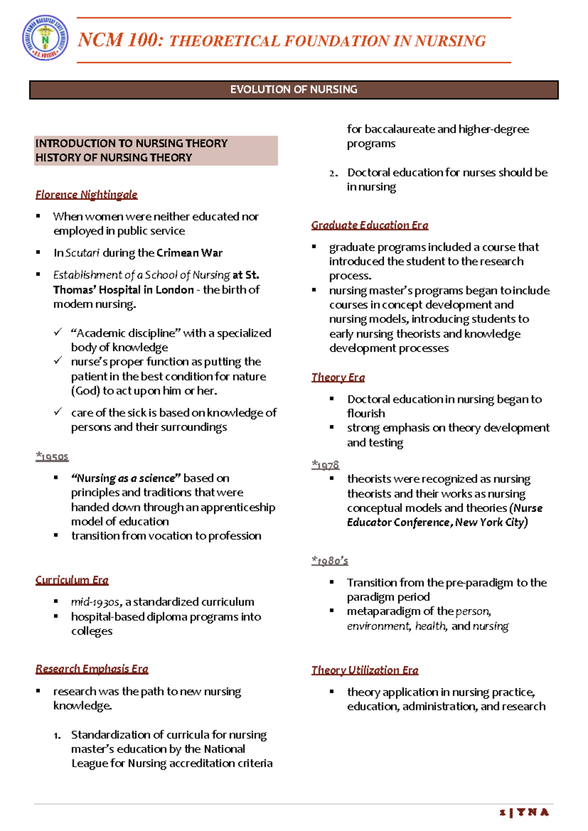 NCM100: Theoretical Foundations and Evolution of Nursing Theory - Studocu