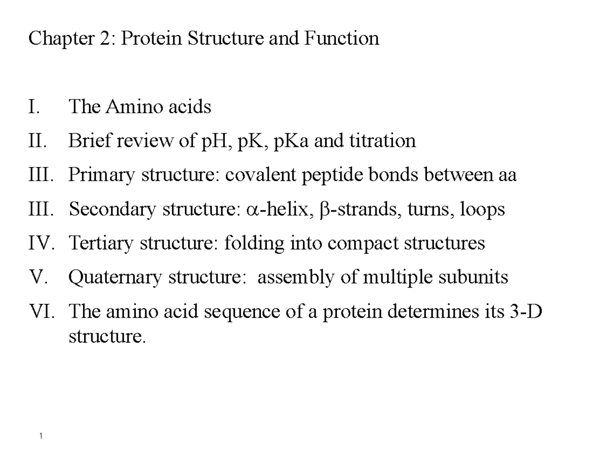 Chapter 2: Protein Structure & Function I - Amino Acids Overview - Studocu