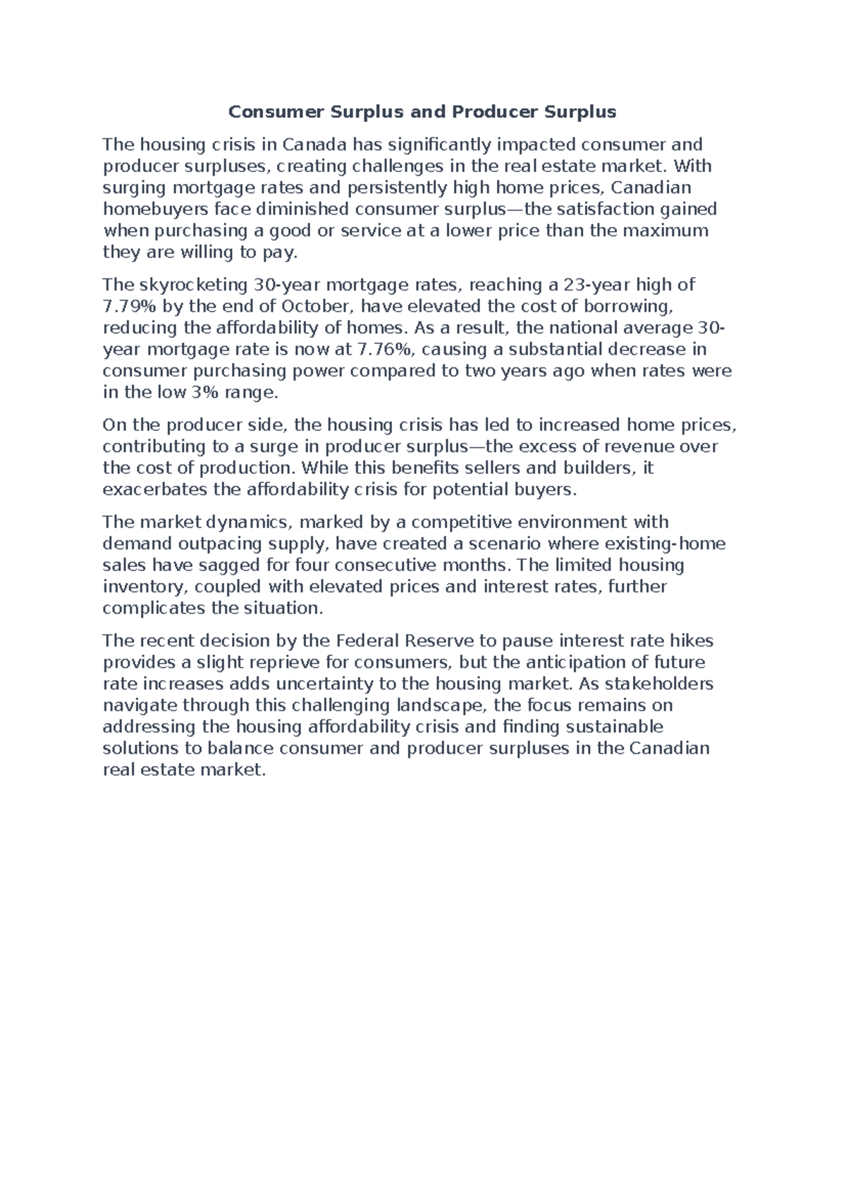 DH-101: Impacts of Housing Crisis on Consumer & Producer Surplus - Studocu