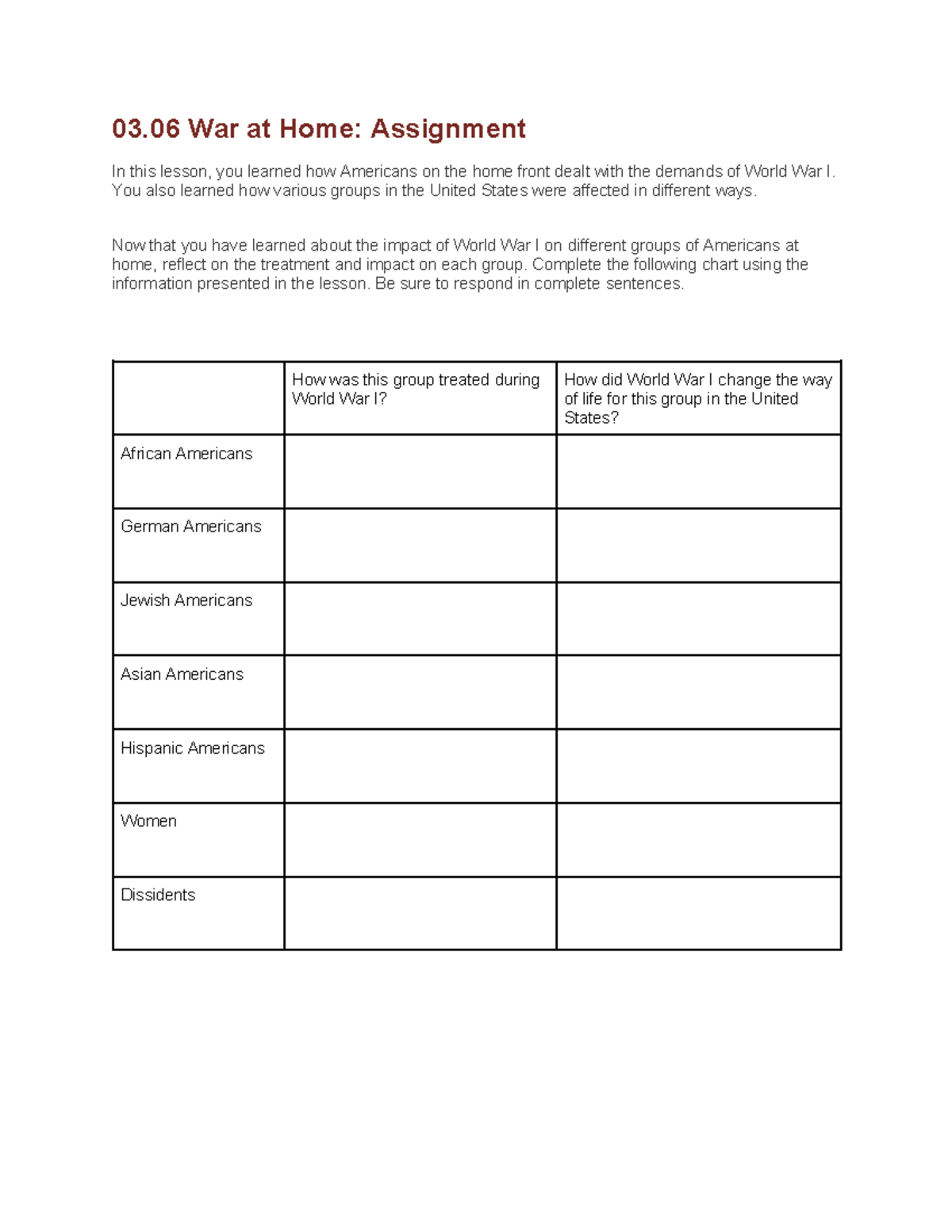 306 Assignment Template - 03 6 War at Home: Assignment In this lesson ...