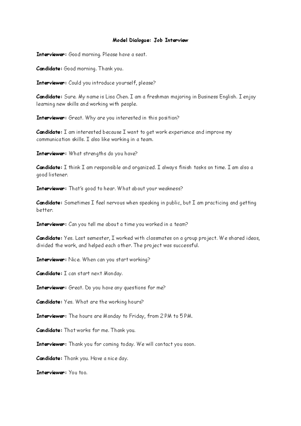 Job Interview Model Dialogue: A Sample Interaction - Studocu