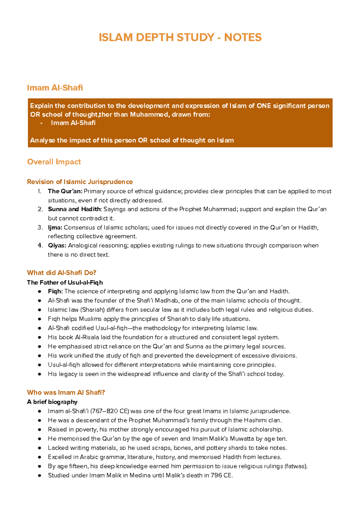 Islam Depth Study Notes: The Impact of Imam Al-Shafi'i on Islamic ...