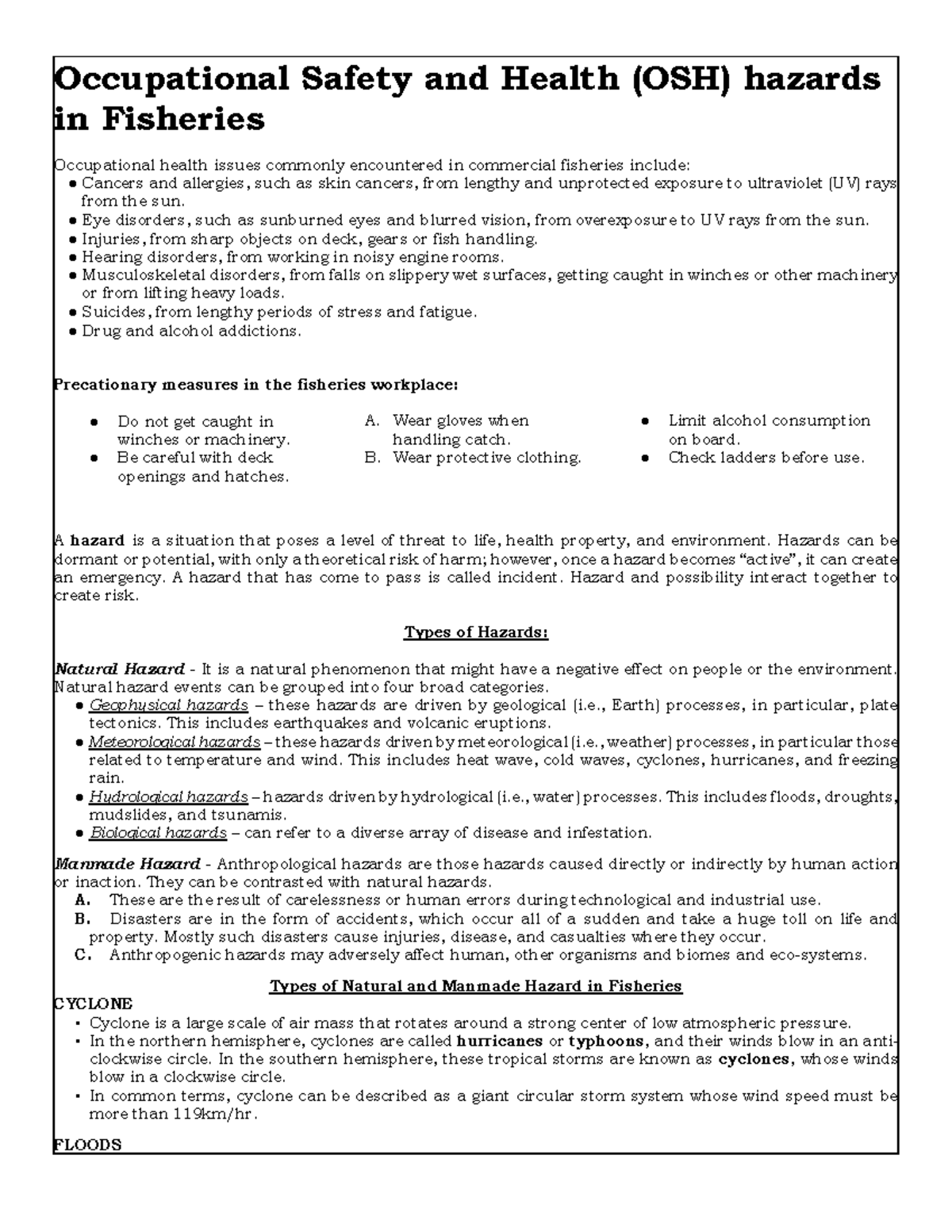 Occupational Safety and Health (OSH) Hazards in Fisheries: A ...