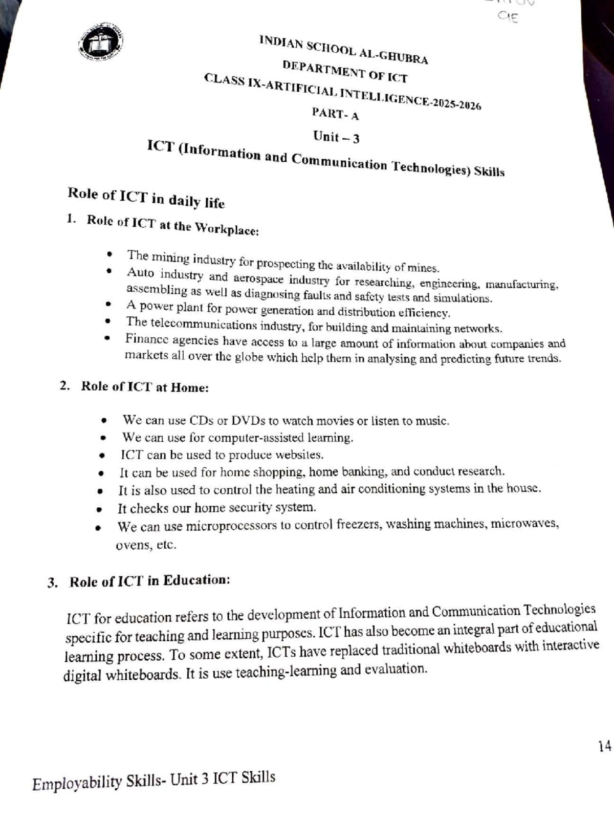 ICT Skills in Daily Life: Unit 3 Overview for Class A (aE AL) - Studocu