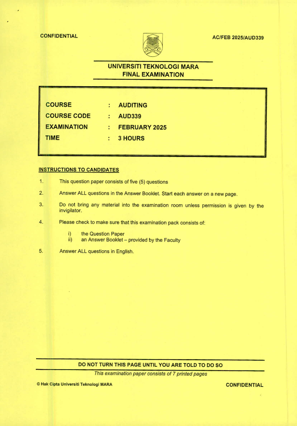 2025 Feb AUD339 Final Exam - Auditing Question Paper - Studocu
